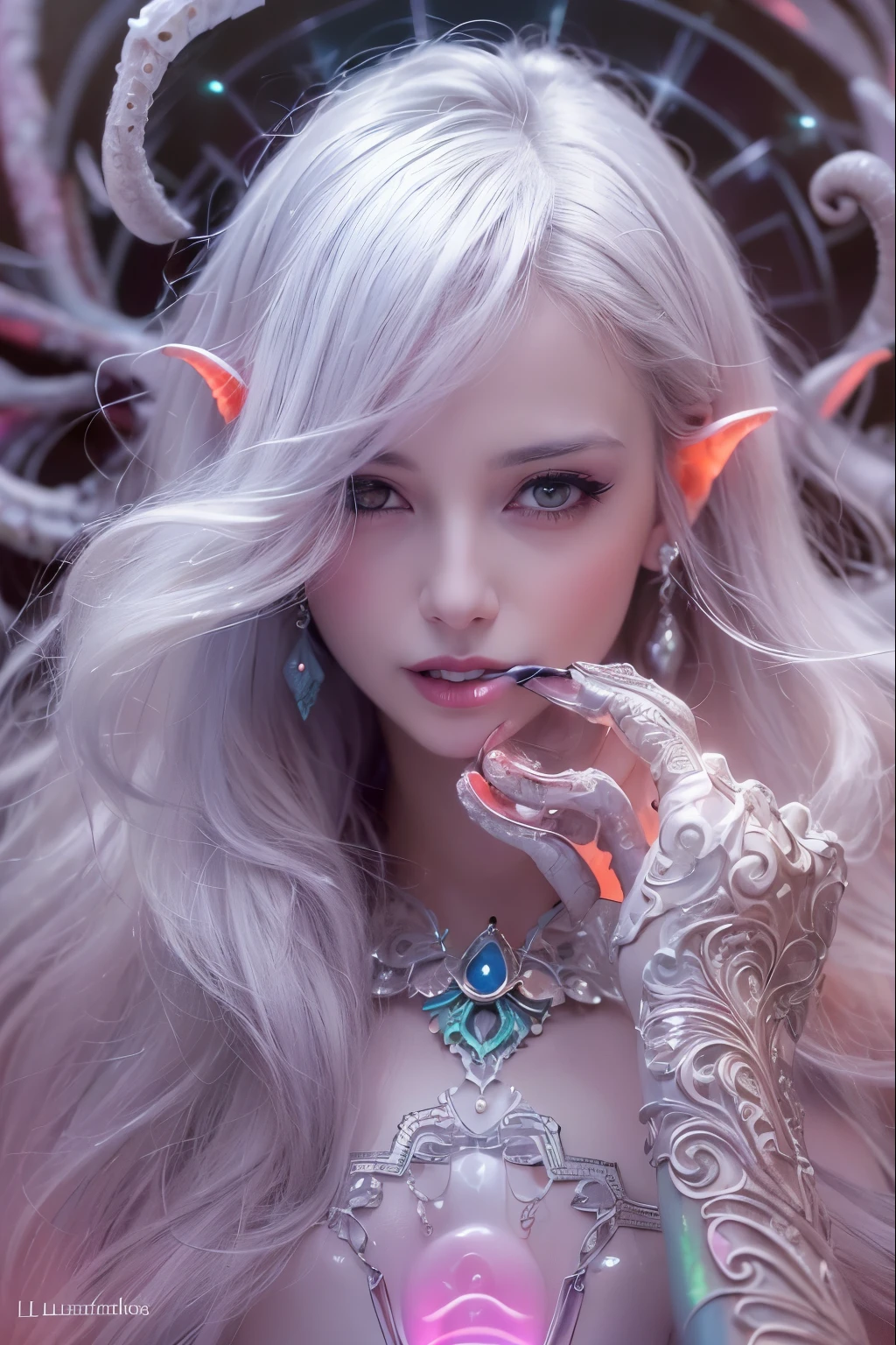 (A portrait of one beautiful and obscene female alien who is a young ager:1.4), ((There is a female genital-like organ in the middle of her forehead:1.8)), (realistic face:1.2), (Numerous award-winning masterpieces, with incredible detail, textures and maximum detail), artistic photography, midnight aura, unreal engine 5, Ultra Sharp Focus, art by Amano Yoshitaka, ArtGerm, Roisch, intricate artwork, ultra realistic realism, high resolution, High freshness, drawing faithfully, official art, Unity 8K Wall paper, ultra detailed artistic photography, dream-like, Creation of fantasy, dream Snail, (biopunk nautilus:1.3),Thrilling color schemes, seductively smiling, Amazing mutation, well-proportioned body, goddess of the deep sea, fractal, Geometric pattern, impossible figures, (translucent white tentacles with luminescent organs:1.4), subtle emerald green accents, (smiling seductively:1.3),(She has the most beautiful face in the history of the universe:1.5), Penelope Cruz, (she is looking down at viewers with glowing iridescent eyes with no pupils:1.3), an evil gaze that seduces, cinematic lighting, (Vampire-like long canine teeth can be glimpsed through the gap between the cute lips:1.3), in the hall of the palace, Sweet breath is exhaling from beautiful lips, ecstatic expression