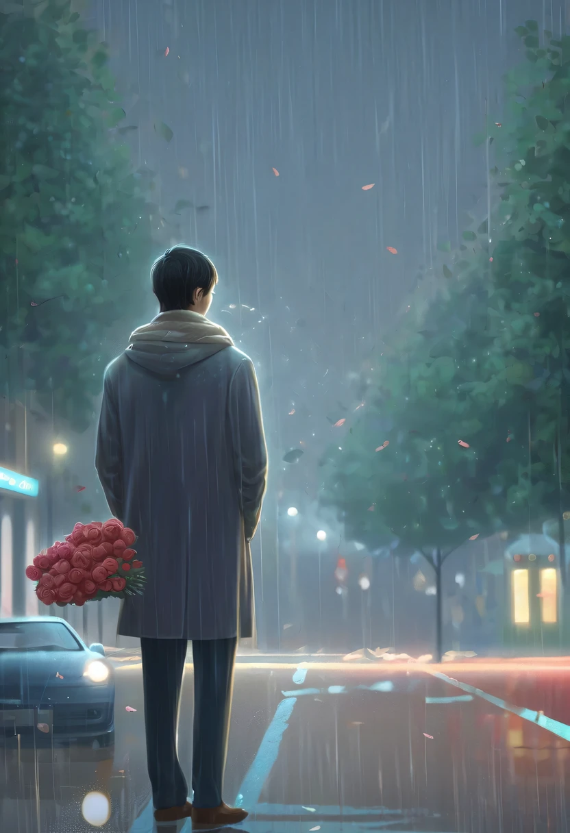 In a bustling city,The crowd was bustling,But there was a man standing alone in the street。His eyes were empty and confused,It was as if he had lost his way。His brow furrowed,As if with endless sorrow。
He is holding a rose in his hand,But the rain beat him mercilessly,sprinkle with roses。Petals are scattered all over the place,Bright colors dim in the rain。His hand dropped weakly,Let the rain wash over his fingers。
There was no expression on his face,But his eyes revealed deep sadness。The corners of his eyes are red,Tears are rolling in my eyes,But he tried not to let them slip away。His breathing is a little rapid,It’s as if the inner uneasiness cannot be calmed down。
people coming and going around,No one noticed his presence。He stood alone in the rain,Let the rain soak his body。His shoulders are slightly sloping,As if carrying an unspeakable burden。
His eyes look into the distance from time to time,Seems to be looking for something。His fingers gently touched the scattered rose petals,It's like going back to the good old days。His lips were tightly closed,the corners of your mouth rise slightly,As if silently telling myself to be strong。
Although in the crowd,But he felt helpless。He waited silently,no matter how hard and desperate,He firmly believes that his beloved will come back。every expression of his、Every body language is full of affection and persistence,Let people feel his firmness and persistence in。