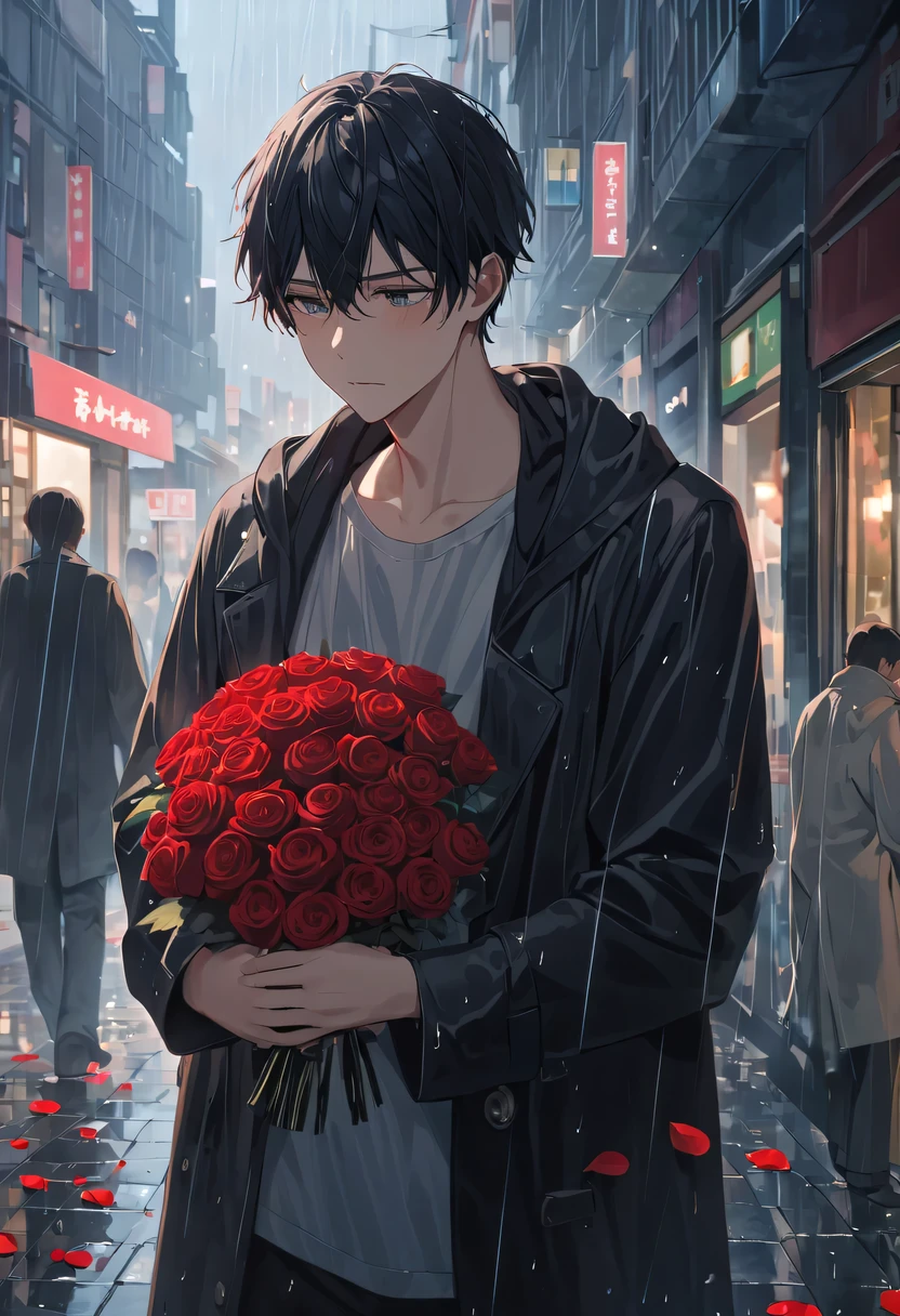 In a bustling city，The crowd was bustling，But there was a man standing alone in the street。His eyes were empty and confused，It was as if he had lost his way。His brow furrowed，As if with endless sorrow。

He is holding a rose in his hand，But the rain beat him mercilessly，sprinkle with roses。Petals are scattered all over the place，Bright colors dim in the rain。His hand dropped weakly，Let the rain wash over his fingers。

There was no expression on his face，But his eyes revealed deep sadness。The corners of his eyes are red，Tears are rolling in my eyes，But he tried not to let them slip away。His breathing is a little rapid，It’s as if the inner uneasiness cannot be calmed down。

people coming and going around，No one noticed his presence。He stood alone in the rain，Let the rain soak his body。His shoulders are slightly sloping，As if carrying an unspeakable burden。

His eyes look into the distance from time to time，Seems to be looking for something。His fingers gently touched the scattered rose petals，It&#39;s like going back to the good old days。His lips were tightly closed，the corners of your mouth rise slightly，As if silently telling myself to be strong。

Although in the crowd，But he felt helpless。He waited silently，no matter how hard and desperate，He firmly believes that his beloved will come back。every expression of his、Every body language is full of affection and persistence，Let people feel his firmness and persistence in。