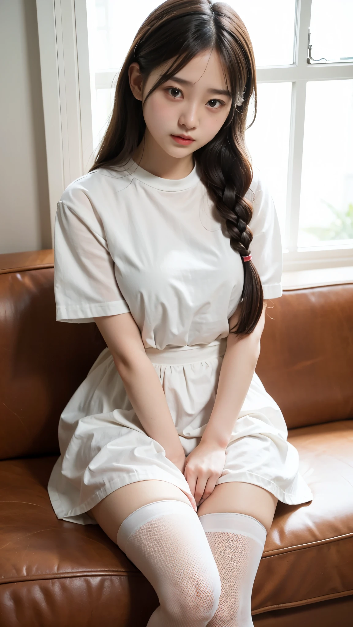 One wears short sleeves，With braids，Cute girl wearing white stockings，Some shyness