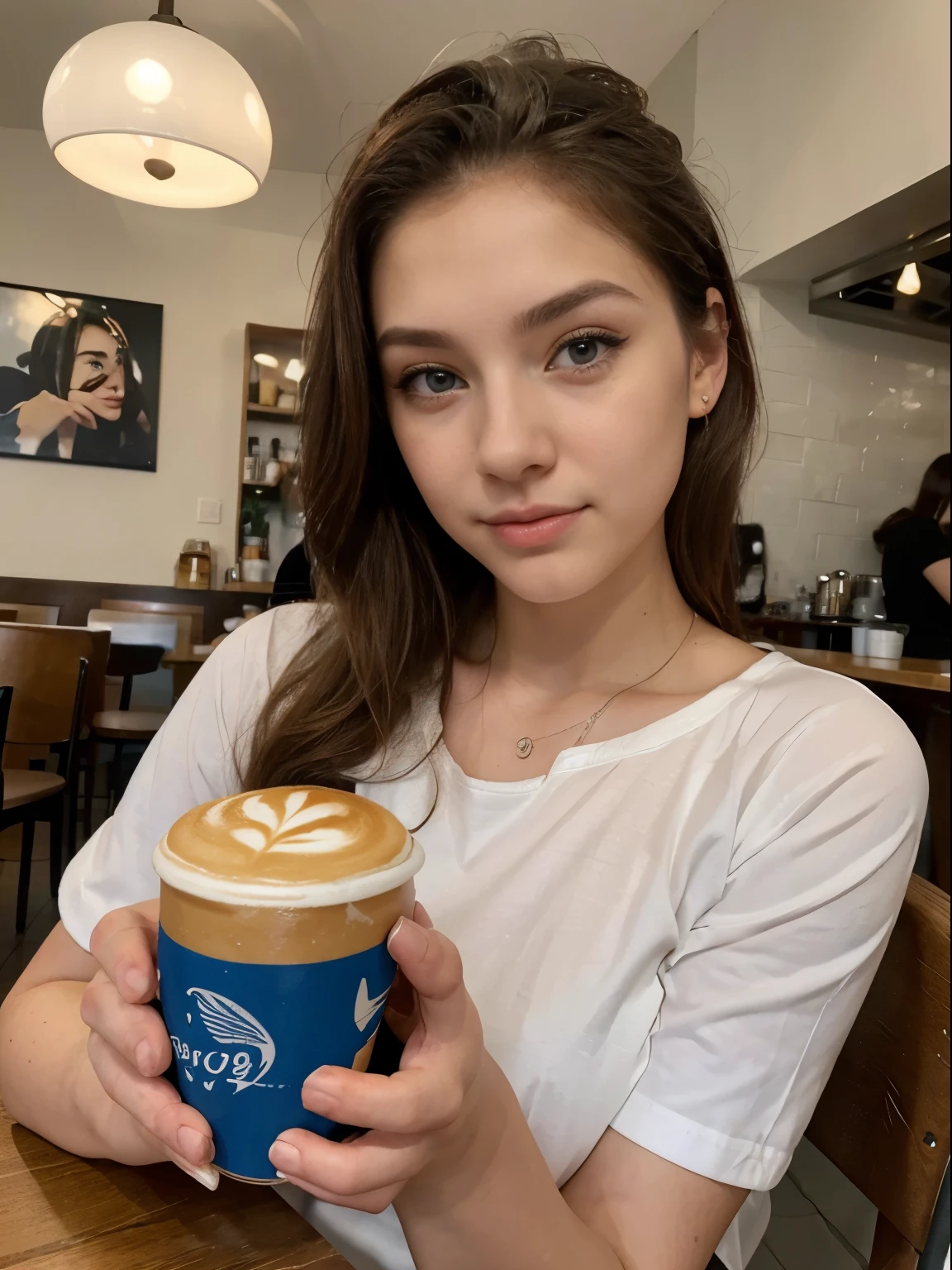Photo of a 20-year-old white-skinned woman., que tiene una cara muy natural, labios delgados, ojos azules , cejas finas, nariz fina, pendientes, long eyelashes. She makes a cute selfie in a cafe drinking coffee with her hand.