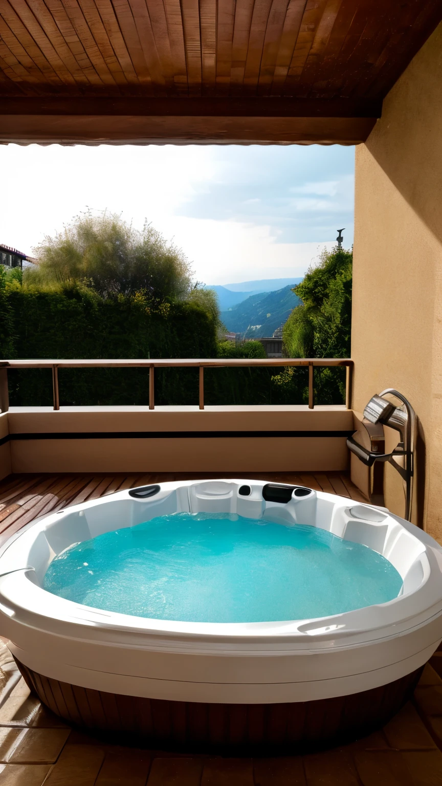 ((best quality)), ((masterpiece)), (detailed), perfect lighting of a hot tub on a balcony in Italy. Photo realistic, Liminal themed. Add a water slide. Add rain effect.
