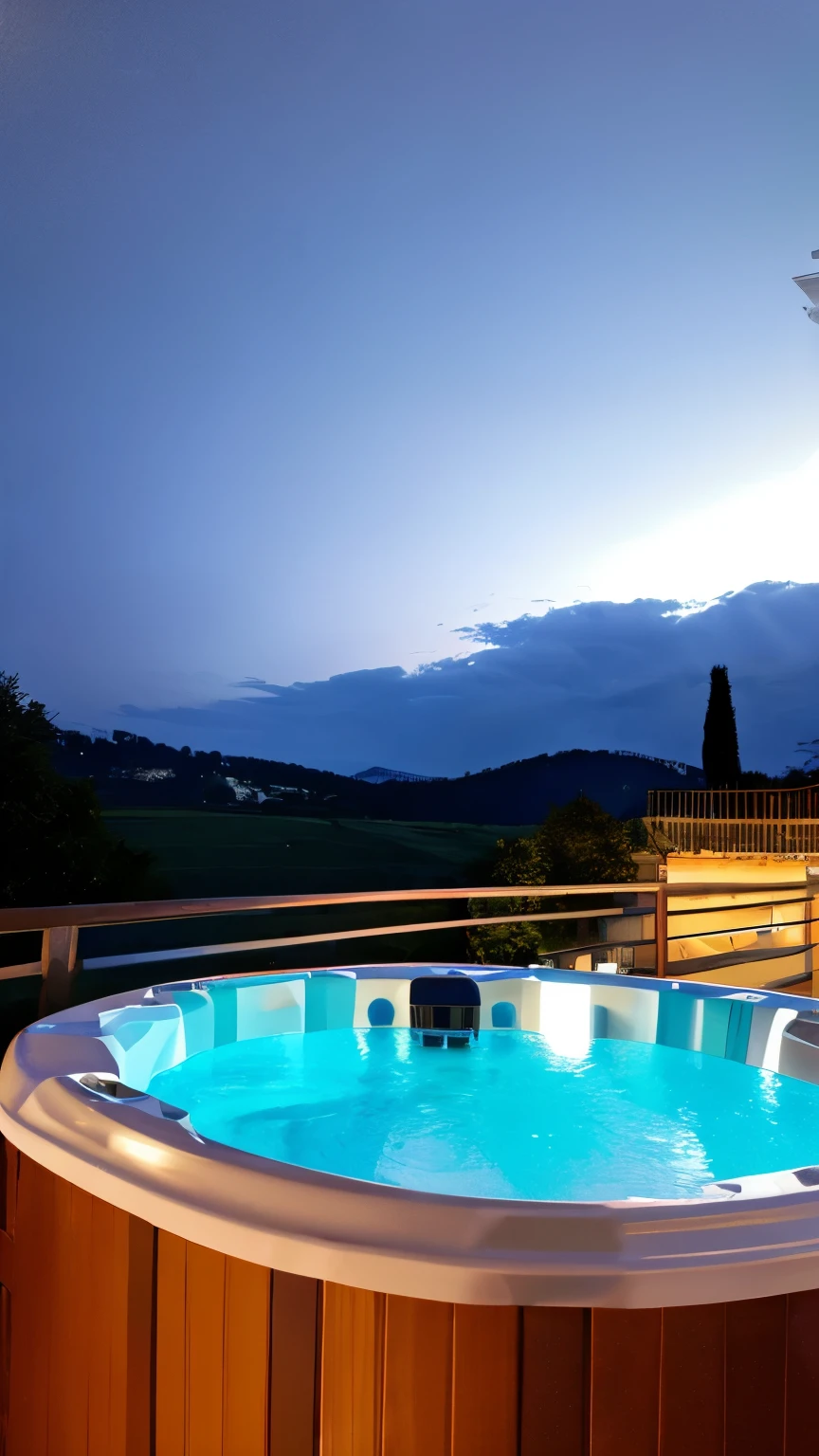 ((best quality)), ((masterpiece)), (detailed), perfect lighting of a hot tub on a balcony in Italy. Photo realistic, Liminal themed. Add a water slide. Add rain effect.