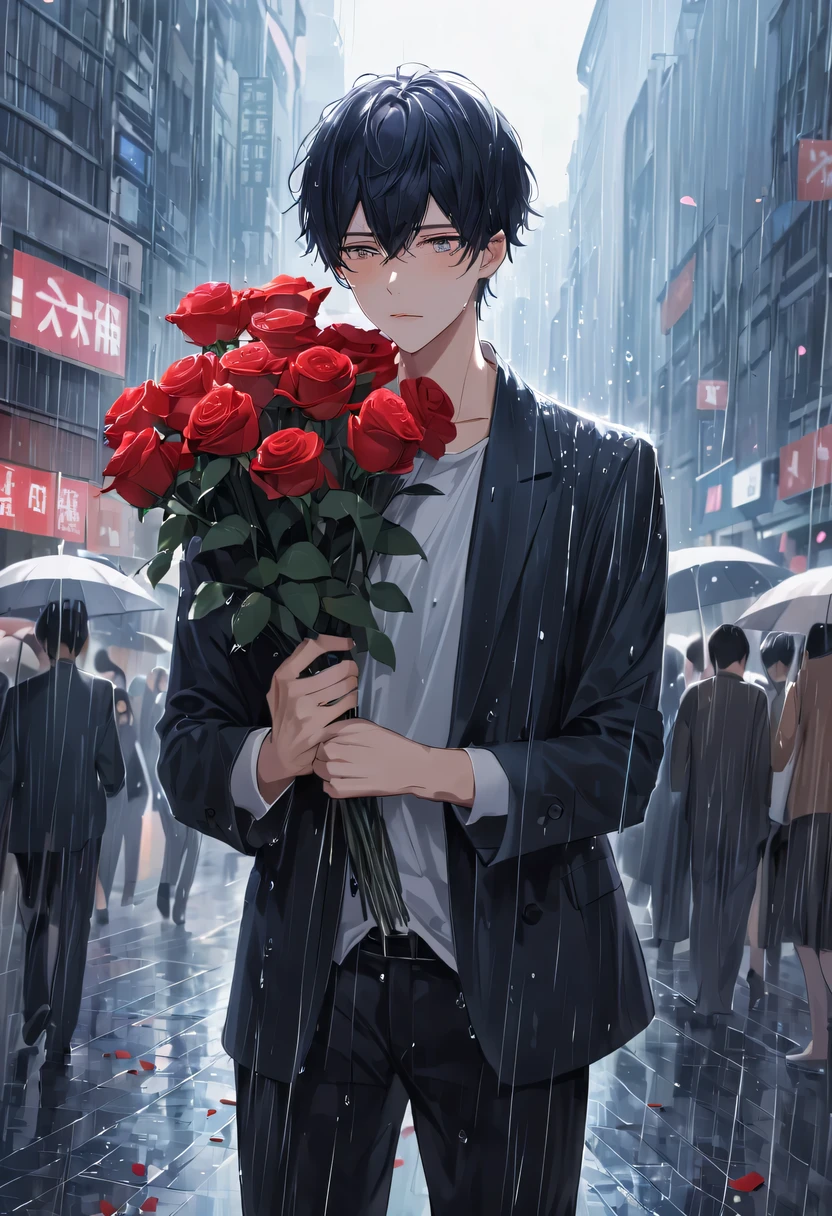 In a bustling city,The crowd was bustling,But there was a man standing alone in the street。His eyes were empty and confused,It was as if he had lost his way。His brow furrowed,As if with endless sorrow。
He is holding a rose in his hand,But the rain beat him mercilessly,sprinkle with roses。Petals are scattered all over the place,Bright colors dim in the rain。His hand dropped weakly,Let the rain wash over his fingers。
There was no expression on his face,But his eyes revealed deep sadness。The corners of his eyes are red,Tears are rolling in my eyes,But he tried not to let them slip away。His breathing is a little rapid,It’s as if the inner uneasiness cannot be calmed down。
people coming and going around,No one noticed his presence。He stood alone in the rain,Let the rain soak his body。His shoulders are slightly sloping,As if carrying an unspeakable burden。
His eyes look into the distance from time to time,Seems to be looking for something。His fingers gently touched the scattered rose petals,It's like going back to the good old days。His lips were tightly closed,the corners of your mouth rise slightly,As if silently telling myself to be strong。
Although in the crowd,But he felt helpless。He waited silently,no matter how hard and desperate,He firmly believes that his beloved will come back。every expression of his、Every body language is full of affection and persistence,Let people feel his firmness and persistence in。