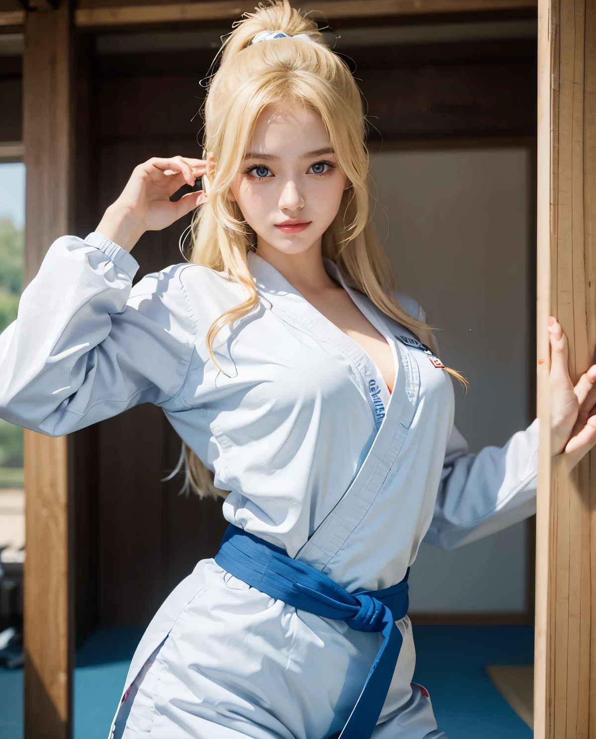 1girl, Blue eyes, (smile), (white karate suit:1.3), (Sana Minatozaki), wide hips, Big , big ass, (Best Quality, 8k, Masterpiece: 1.3), perfect hands, Clear Focus: 1.2, Perfect Body Beauty: 1.4, Highly detailed face and skin texture, detailed eyes, double eyelids, red lips, (blonde long hair :1.2), standing, dynamic pose, in a dojo, tatami floor