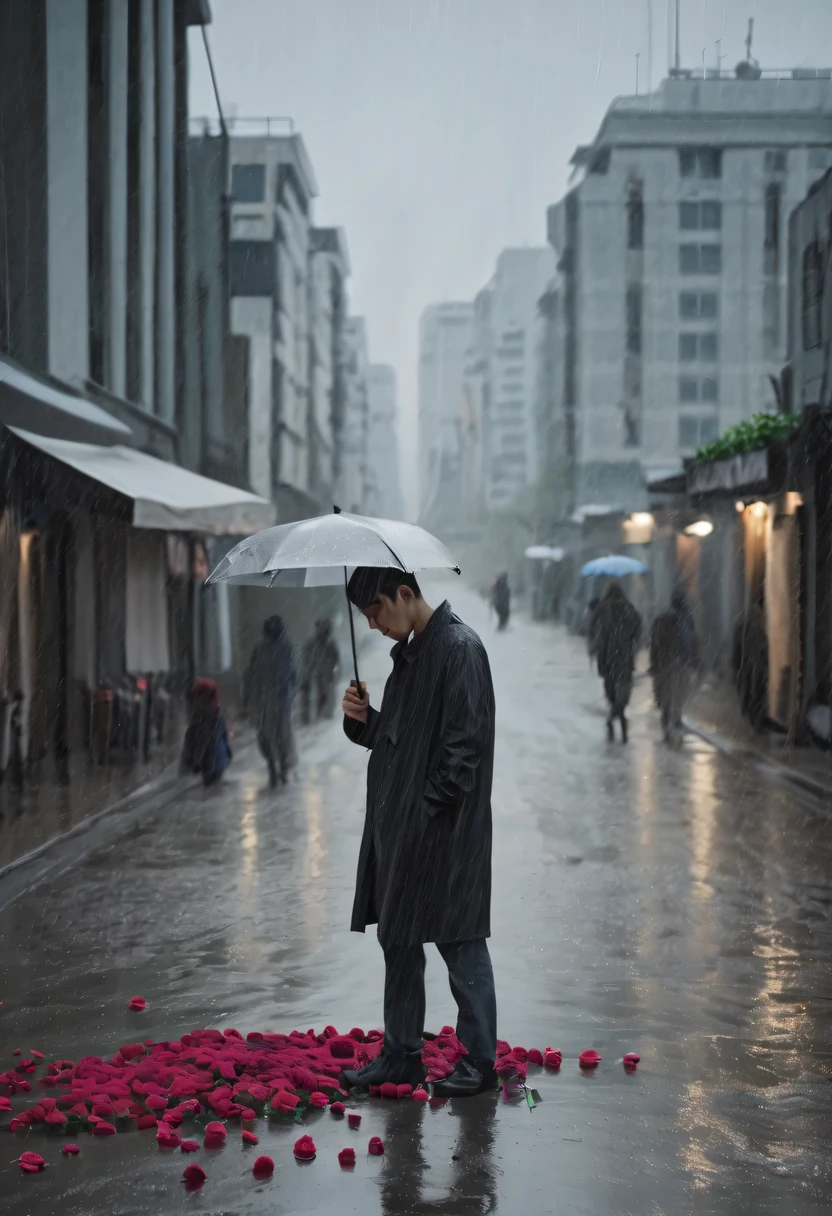 at a busy station，cold rain，Standing alone in the rain，The tightly held roses are scattered on the ground。His eyes were a little confused，The expression is sad，Gloomy eyes， Heqiang，Wilted roses，Wilted flowers，The rain washed his cheeks。He insisted on waiting，Believe that the one you love will come back。