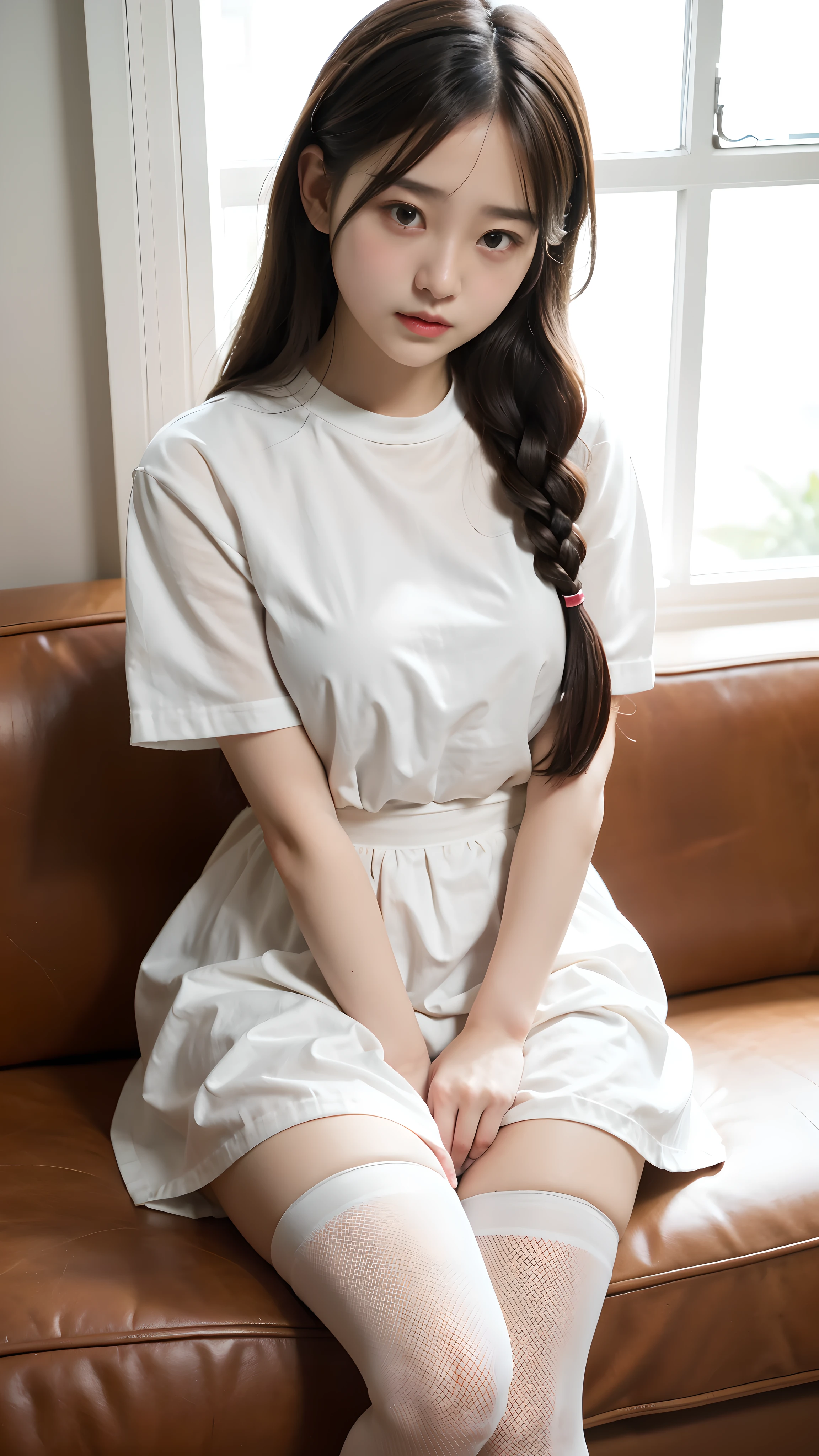 A person wearing short sleeves,There are braids,Cute girl wearing white stockings,Some shyness