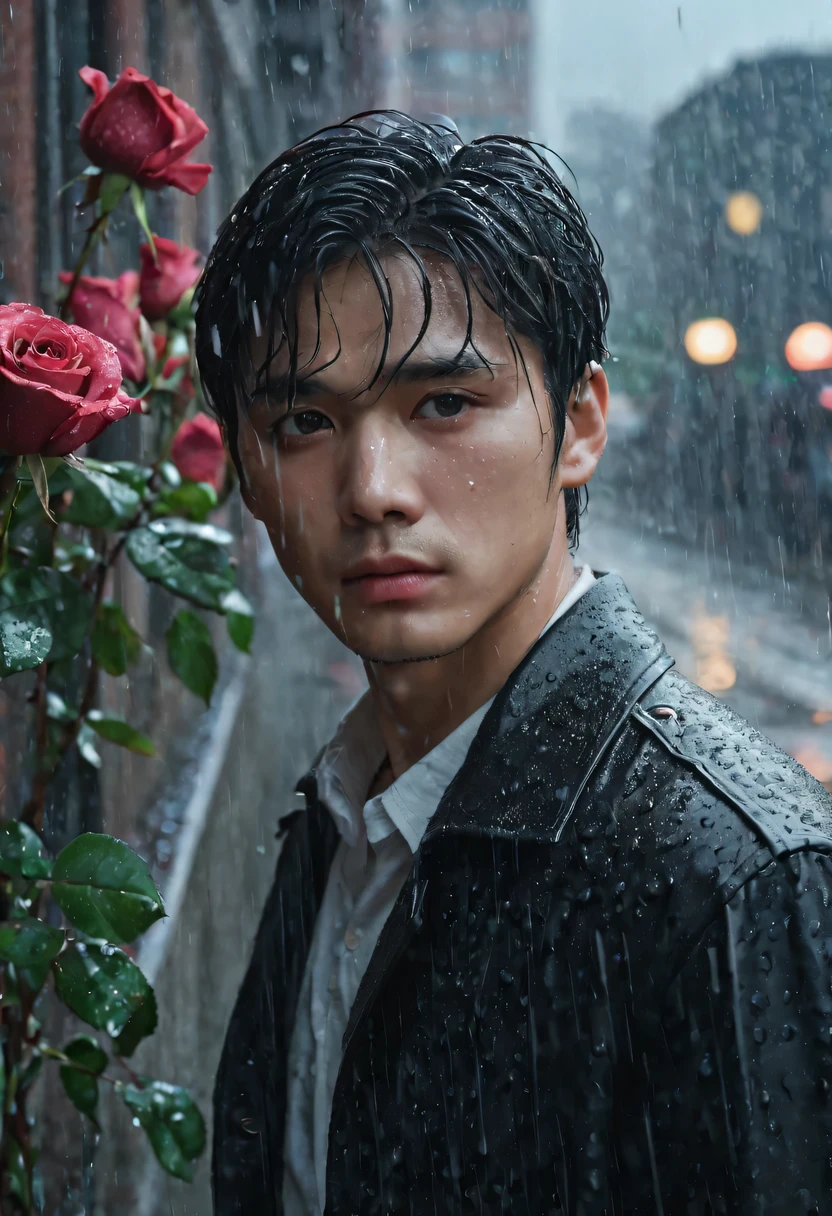 In a bustling city，cold rain，Standing alone in the rain，The tightly held roses are scattered on the ground。His eyes were a little confused，The expression is sad，Gloomy eyes， Heqiang，Wilted roses，Wilted flowers，The rain washed his cheeks。He insisted on waiting，Believe that the one you love will come back。