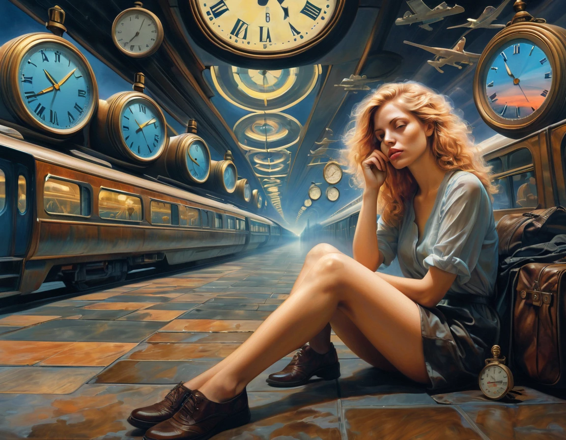 Surrealism and Post-Impressionism pastel drawing of a waiting honey-haired Svetlana Maltseva in multi-exposure, sitting on pocket watches, airport and train station signage, airplane trains, travelers standing on clouds waiting for their flight, and families, gathered waiting at the edge of the universe, intertwined with high-contrast volumetric shadows, sharp focus, hyper-detailed like the works of Greg Rutkowski, Beeple, Beksinski and Giger, a multi-layered composition that emphasizes waiting over time.