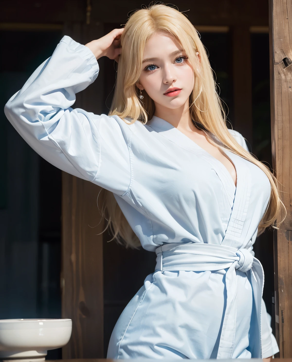 1girl, Blue eyes, (smile), (white karate suit:1.3), (Sana Minatozaki), wide hips, Big , big ass, (Best Quality, 8k, Masterpiece: 1.3), perfect hands, Clear Focus: 1.2, Perfect Body Beauty: 1.4, Highly detailed face and skin texture, detailed eyes, double eyelids, red lips, (blonde long hair :1.2), standing, dynamic pose, in a dojo