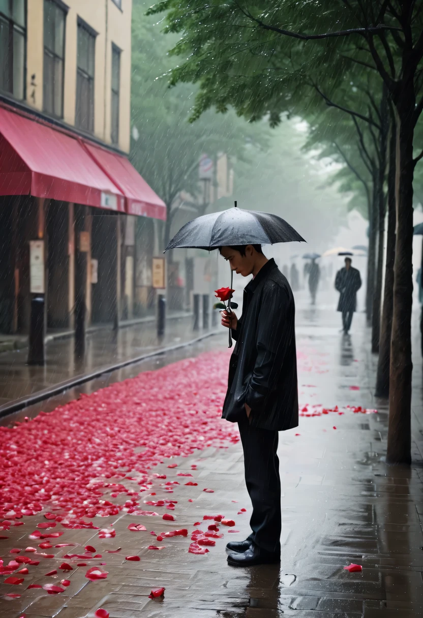 at a busy station，cold rain，Standing alone in the rain，The tightly held roses are scattered on the ground。His eyes were a little confused，The expression is sad，Gloomy eyes， Heqiang，Wilted roses，Wilted flowers，The rain washed his cheeks。He insisted on waiting，Believe that the one you love will come back。