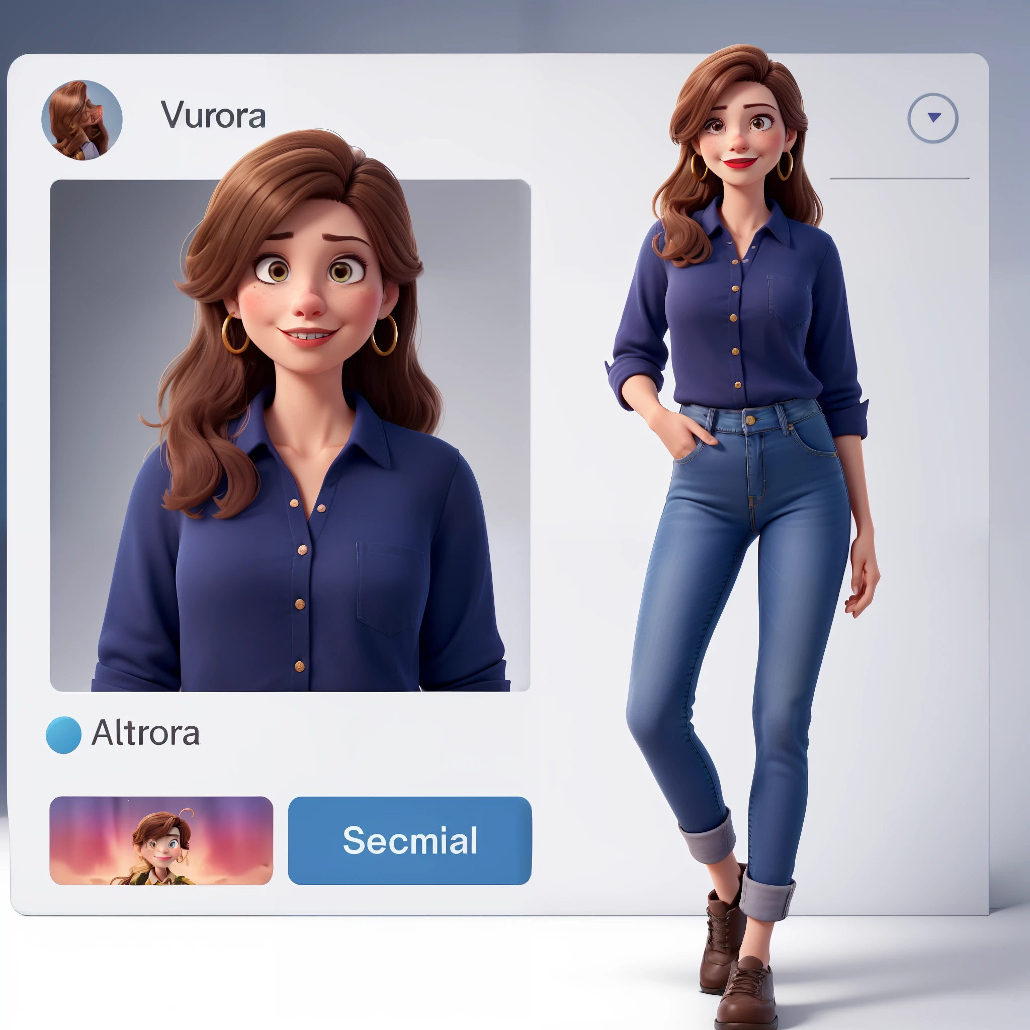 Imagine uma personagem feminina animada chamada Aurora Arruda. She is a successful Brazilian businesswoman aged around 28 with peach skin and slightly rosy cheeks.. Aurora has large, light brown eyes that are expressive and flanked by long eyelashes.. Her brown hair is wavy, voluminous and fall gracefully to just below the shoulders. Ela tem um nariz pequeno e arredondado, and wears medium gold hoop earrings. Aurora displays a friendly smile with medium lips highlighted by discreet pink lipstick. His posture is confident and professional, apresentando um produto. She wears a blue button-down shirt with sleeves rolled up to the elbow and dark blue high-waisted jeans., complementadas por um cinto marrom com fivela dourada. To represent Aurora in different scenarios, keep the essential features of your face and hair consistent. As roupas, accessories, e a postura devem ser alterados para se adequar ao contexto, while facial expressions should reflect the desired emotion or action.