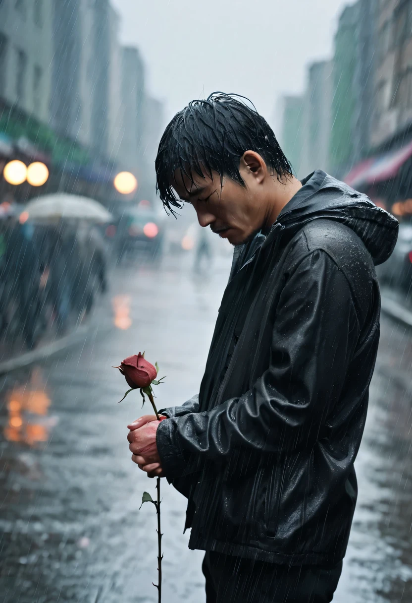 in the cold rain，Man holding withered rose in hand，Gloomy eyes， and strong，His figure looked particularly desperate。The rain beat down on him mercilessly，但它不KON&#39;Wash away the pain and despair in his heart。His eyes are empty and numb，Seems to have lost hope in life。His lips were tightly closed，It seems that I no longer have the strength to shout out the pain in my heart。His hands hang limply at his sides，There is no warmth in the palm。Soaked，Pressed against his body，Highlighting his thin figure。his shoulders trembled，As if trying his best to suppress the despair in his heart。His eyes were dull，without any focus，It seems that I have lost all expectations for this world。The sound of rain is harsh，As if laughing at his helplessness and despair。He closed his eyes，Trying to block everything in this world，But the despair inside is even stronger。He felt like he was about to be swallowed up by the rain，KON&#39;can&#39;t find a way out。Everything around becomes blurry and indifferent，He felt like he was slowly disappearing into the cold rain。His heart was torn to pieces by despair，KON&#39;no longer pieced together。He felt like he was heading towards endless darkness，KON no longer find light and hope。