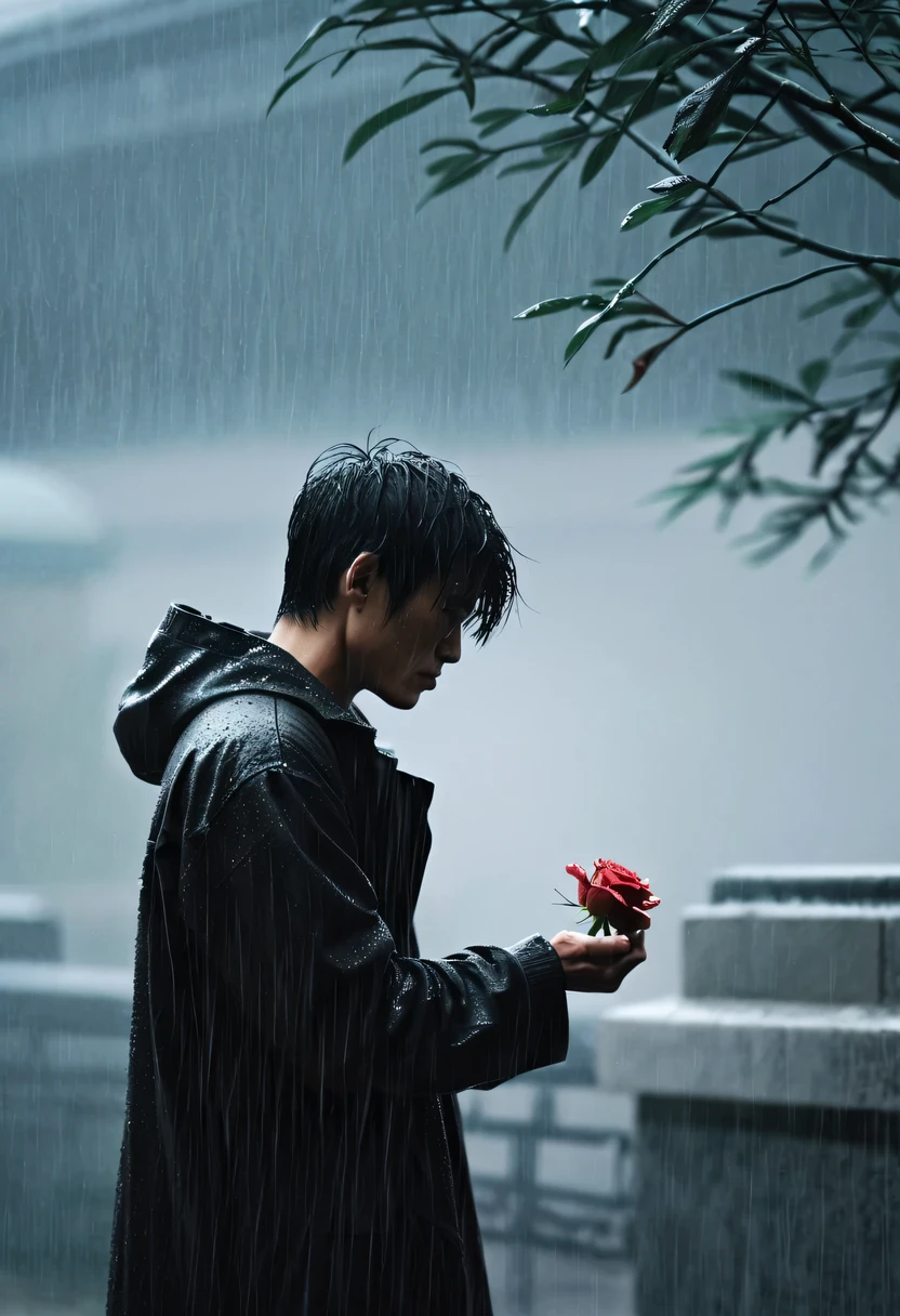 in the cold rain,Man holding withered rose in hand,Gloomy eyes, Heqiang,,His figure looked particularly desperate。The rain hit him mercilessly,但它不Conn'Wash away the pain and despair in your heart。 His eyes are empty and numb,Seems to have lost hope in life。his lips closed,It seems that I no longer have the strength to shout out the pain in my heart。His hands hang limply at his sides,There is no warmth in the palm of my hand。 soak,close to his body,Highlighting his thin figure。his shoulders trembled,As if trying his best to suppress the despair in his heart。His eyes were dull,without any focus,It seems that I have lost all expectations for this world。 The sound of rain is harsh,As if laughing at his helplessness and despair。She closed her eyes,Try everything in this world,But the despair inside is even stronger。He felt like he was about to be swallowed up by the rain,Conn'KON'can't find a way out。 Everything around becomes blurry and indifferent,He felt like he was slowly disappearing into the cold rain。His heart was torn to pieces by despair,Conn'No more piecing together。He felt like he was heading towards endless darkness,Conn no longer find light and hope。