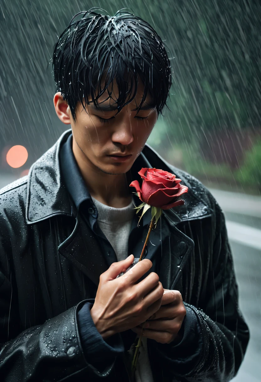 in the cold rain,Man holding withered rose in hand,Gloomy eyes, Heqiang,,His figure looked particularly desperate。The rain hit him mercilessly,但它不Conn'Wash away the pain and despair in your heart。 His eyes are empty and numb,Seems to have lost hope in life。his lips closed,It seems that I no longer have the strength to shout out the pain in my heart。His hands hang limply at his sides,There is no warmth in the palm of my hand。 soak,close to his body,Highlighting his thin figure。his shoulders trembled,As if trying his best to suppress the despair in his heart。His eyes were dull,without any focus,It seems that I have lost all expectations for this world。 The sound of rain is harsh,As if laughing at his helplessness and despair。She closed her eyes,Try everything in this world,But the despair inside is even stronger。He felt like he was about to be swallowed up by the rain,Conn'KON'can't find a way out。 Everything around becomes blurry and indifferent,He felt like he was slowly disappearing into the cold rain。His heart was torn to pieces by despair,Conn'No more piecing together。He felt like he was heading towards endless darkness,Conn no longer find light and hope。