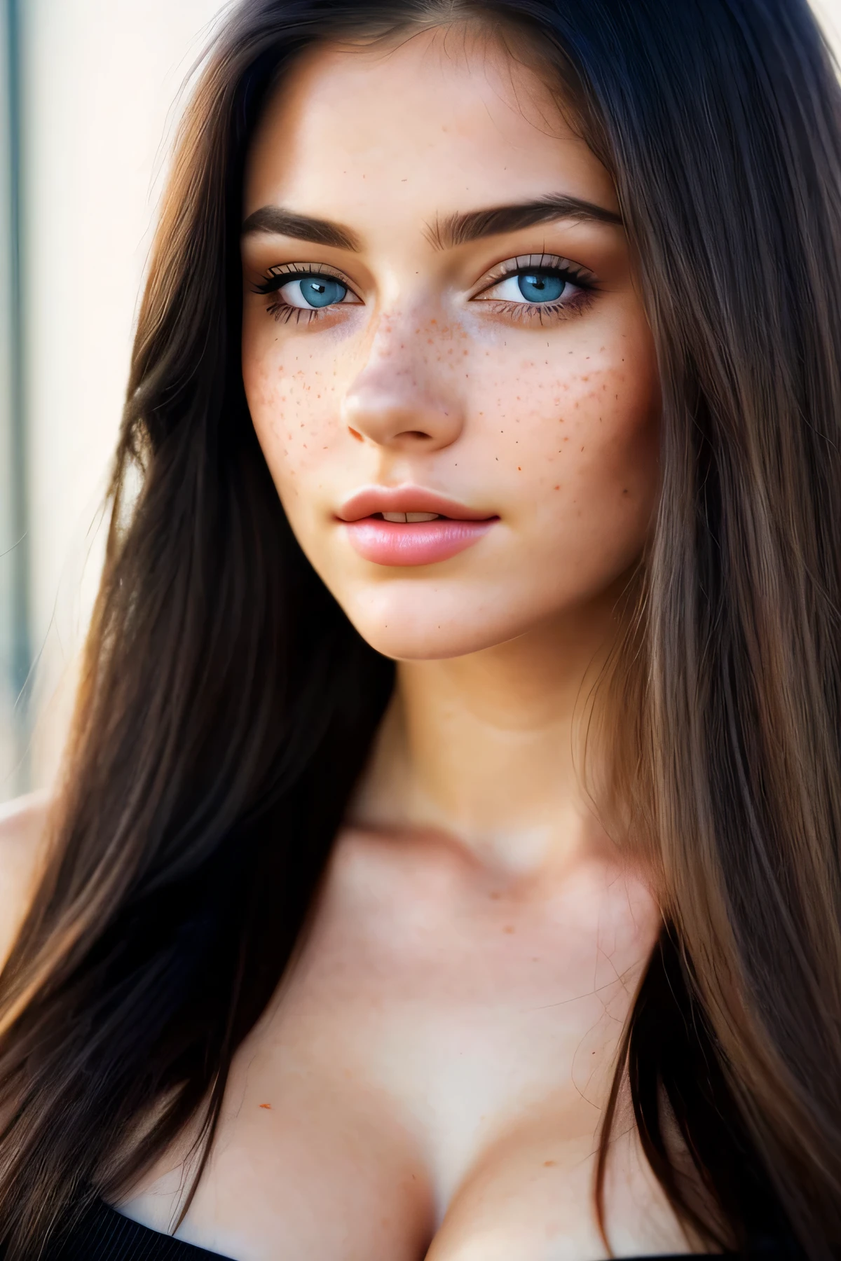 color photograph, close-up, ((a realistic photo of a beautiful girl)), (milalc), light, ((glowy skin)), looking_at_viewer, (fit body:1.0), ((large breasts)), long hair, detailed illustration, masterpiece, high quality, realistic, very detailed face, freckles, black hair, blue eyes, black shirt