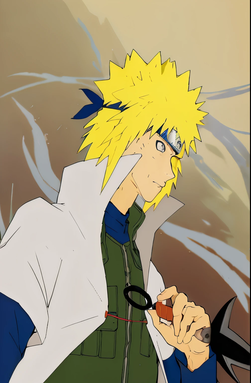 Anime character holding knife and green jacket, narutoartstyle,, anime style”, artistic, ninja, Advanced Digital Animation Art”, bad posture, Ichigo Kurosaki, leisurely style, Inspired by Matsumoto Taiyo, Inspired by Hoichi Sakai