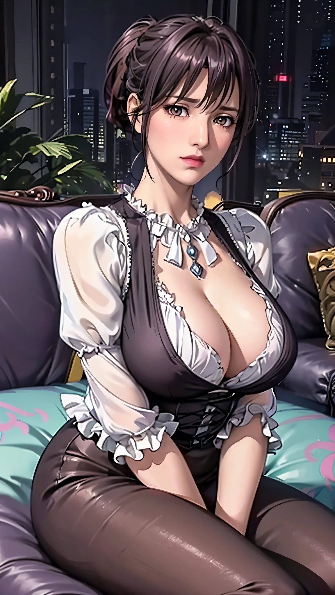 （（（puffy sleeves,yellow dress,short sleeves，（（（1girl，clavicle，makeup, Purple hair,brown eyes,lips,ponytail,short hair,lipstick,ribbon,collarbone, ））），（（（wide hips））），S-shaped body:1.7））），((masterpiece)),high resolution, ((Best quality at best))，masterpiece，quality，Best quality，（（（ Exquisite facial features，looking at the audience,There is light in the eyes，blush，shy））），（（（Light and shadow interlace，super gigantic ，nipple））），（（（Sitting on the sofa，looking into camera）））