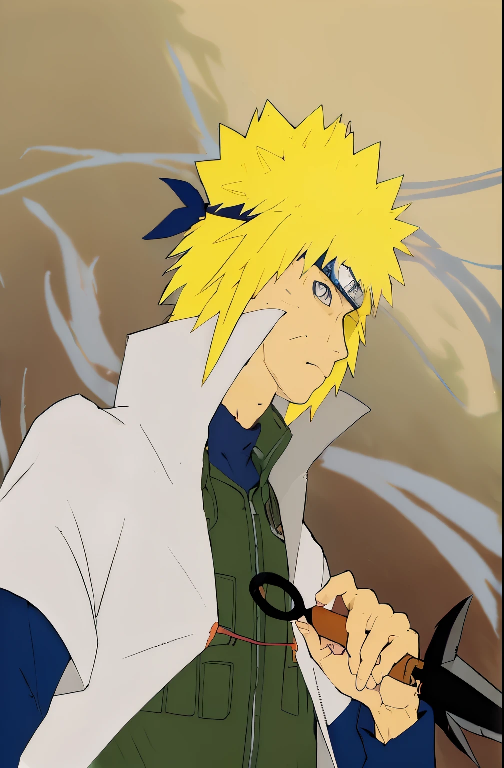 Anime character holding knife and green jacket, narutoartstyle,, anime style”, artistic, ninja, Advanced Digital Animation Art”, bad posture, Ichigo Kurosaki, leisurely style, Inspired by Matsumoto Taiyo, Inspired by Hoichi Sakai