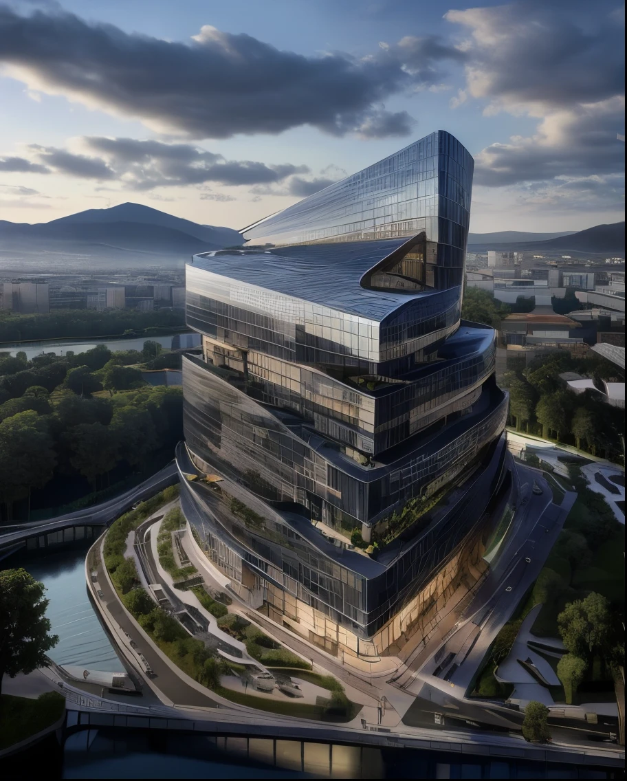 arafed view of a building with a lot of windows and a river, artstation hq”, sharp hq rendering, sharp focus ilustration hq, sharp foccus ilustration hq, in style of zaha hadid architect, tall obsidian architecture, zaha hadid octane highly render, hq render, by Zha Shibiao, artstation hq, realistic architecture