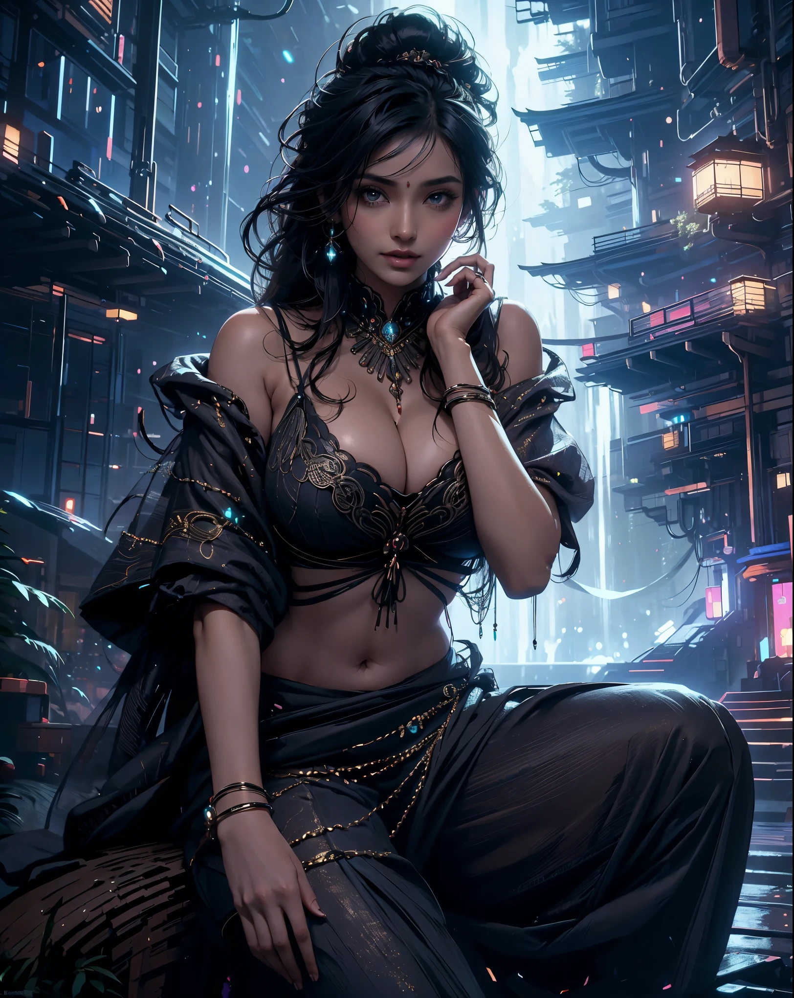 a woman in a saree posing for the camera, provocative indian, indian super model, indian goddess, really large bosum, indian girl with brown skin, very large bosum, of indian princess, desi, wearing sari, large bosum, hindu, attractive feminine curves, sexy girl with dark complexion, style of beautiful body, voluptuous and arousing,  huge breasts, cleavage, sexy navel, smily face, smile on face, forest at night, closeup shot of woman, closeup shot, sexy pose, sexy avtar,avatar landscape, fantasy art landscape, dream scenery art, closeup shot of woman, magical forest backround, digital fantasy art, fantasy and dreams vibes, sweet night ambient, mystical fantasy landscape, night forest background, night forest, 