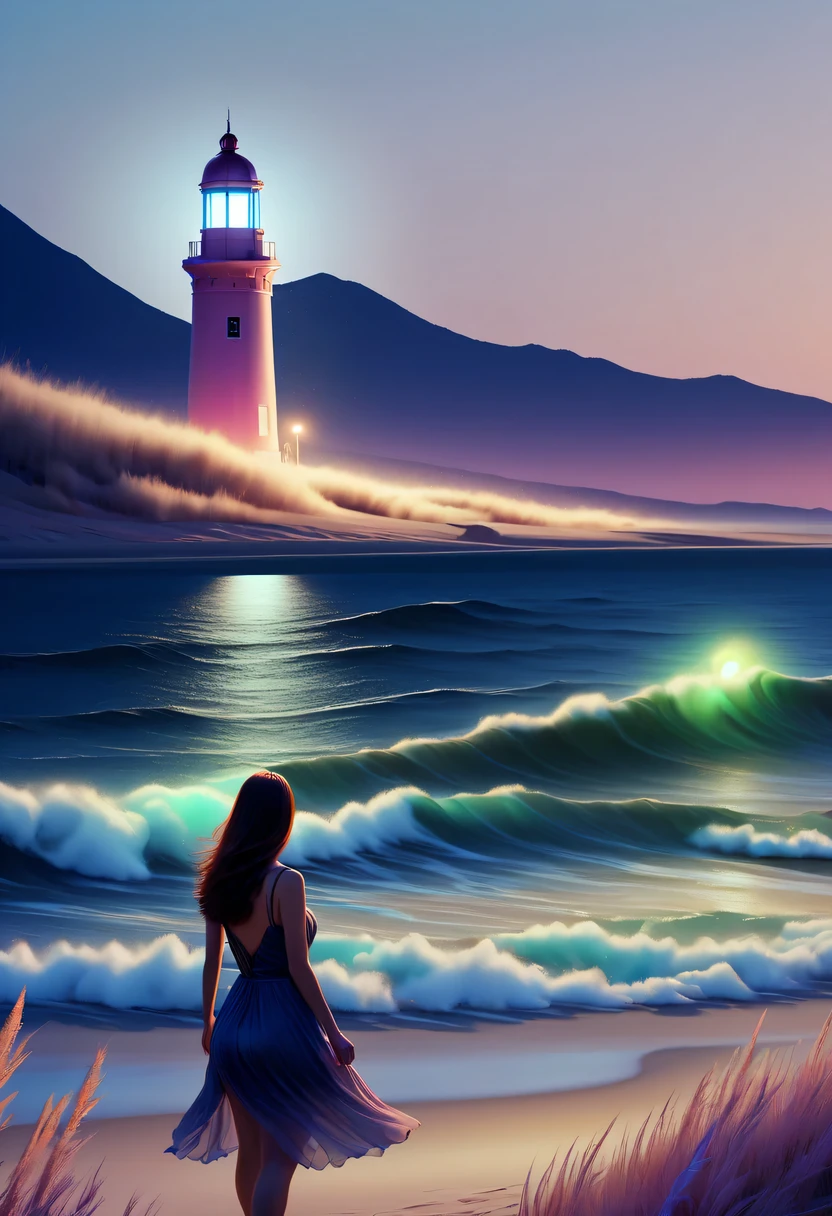 pastel tones，Light style，Comfortable and calm，nature，warm and cozy，night，There will be blue lights on the beach，surging in the waves、when the sea breeze blows，fluorescent beach，stunning sea view，Sailing ships in the distance，woman standing on lighthouse，Very mysterious and beautiful，Lights appear on the beach at night，fluorescent beach，Minimalism，Plain and simple pastel painting with simple background