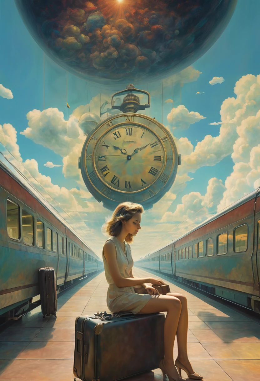 Surrealism and post-impressionism pastel drawing of a clock with a pendulum in double exposure, layering, a beautiful girl sitting on a suitcase , airport and train station boards, trains planes, travelers standing on clouds waiting for their flight, and families, gathered waiting at the edge of the universe, intertwined with high-contrast volumetric shadows, sharp focus, hyper-detailed like the works of Greg Rutkowski, Beeple, Beksinski and Giger, a layered composition that emphasizes waiting over time. 