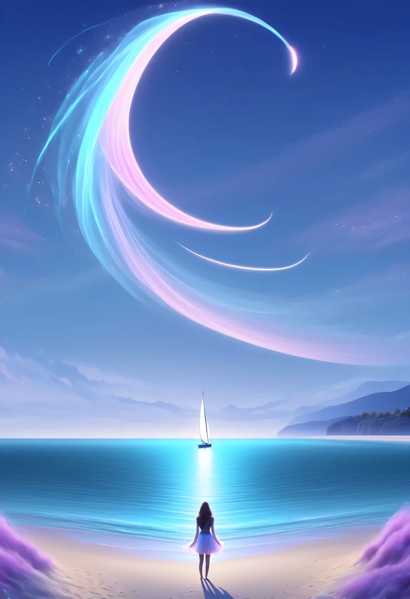 pastel tones,Light style,Comfortable and calm,nature,warm and cozy,night,There will be blue lights on the beach,surging in the waves、when the sea breeze blows,fluorescent beach,stunning sea view,Sailing ships in the distance,Woman standing on the beach,Very mysterious and beautiful,Lights appear on the beach at night,fluorescent beach,Minimalism,Plain and simple pastel painting with simple background