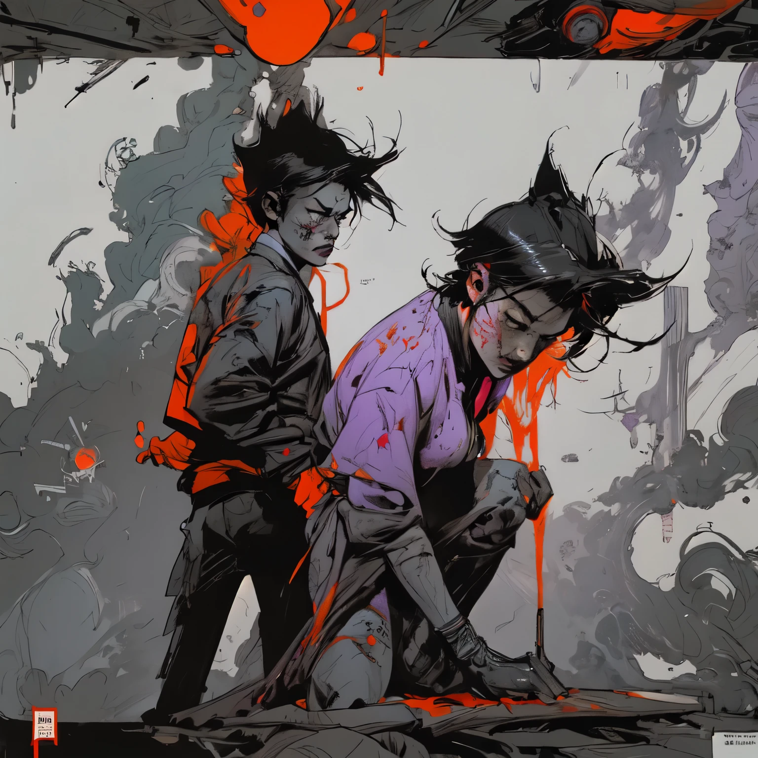 A masterpiece drawing of two people with blood on their faces , in business office suits, Bloody + Conceptual art, color sketch, Conceptual art!!, Bloody scene, some red and purple, Loisch and Goro Fujita, gorillaz phase 1, deep bleeding decaying colors!, Conceptual art!, bleeding decaying colors!, zombie, detailed fanart, A little orange and purple. Highest quality, Style Comics , cyberpunk , series the walking dead. High-quality linear stroke, color fill , invoice , depth of forms . 8K. SD quality .