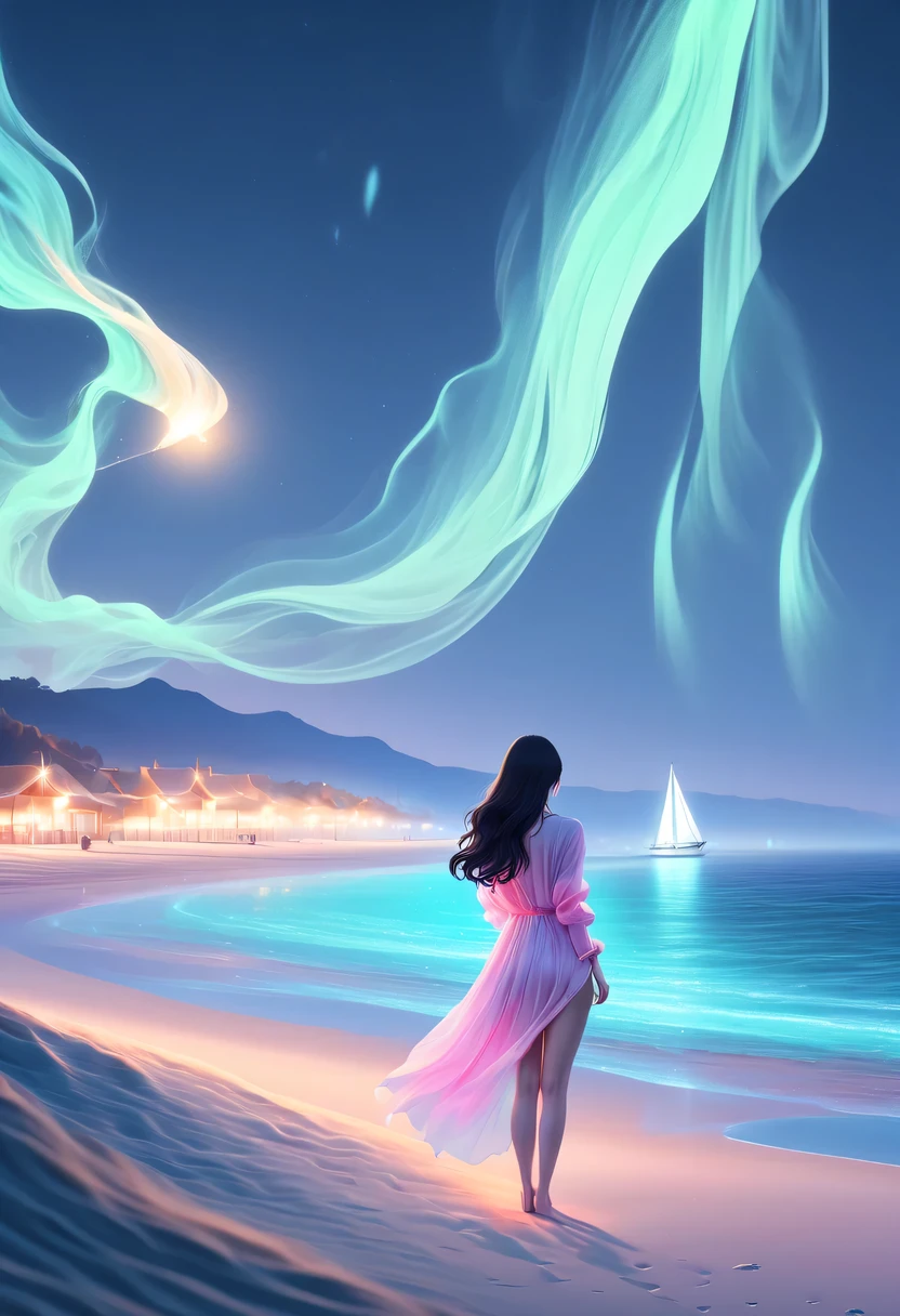 pastel tones,Light style,Comfortable and calm,nature,warm and cozy,night,There will be blue lights on the beach,surging in the waves、when the sea breeze blows,fluorescent beach,stunning sea view,sailboat,Woman standing on the beach,Very mysterious and beautiful,Lights appear on the beach at night,fluorescent beach,Minimalism,Plain and simple pastel painting with simple background