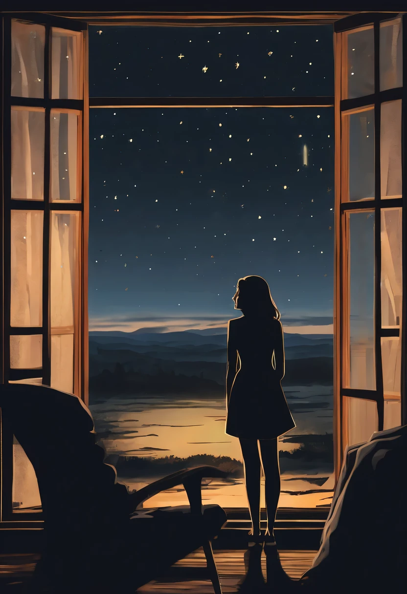 late night，Silent wilderness，sky full of stars， Small building，a window lit up，Woman silhouette in window