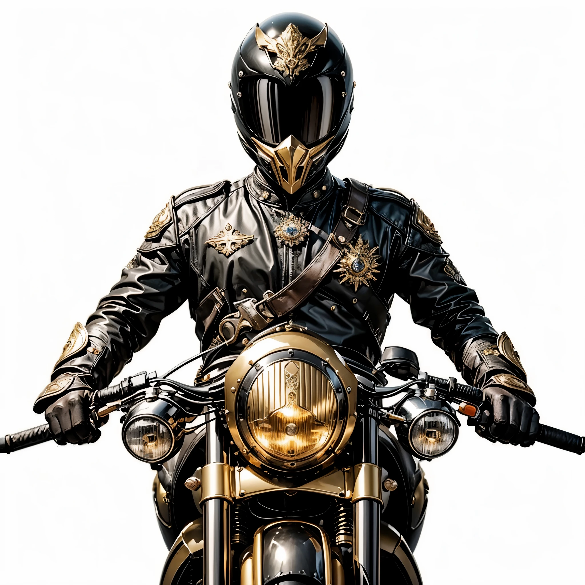 Nome da marca: Sawar Moto

Estilo: Classic, sofisticado

Cores: Preto, dourado, vermelho

Elementos:

Um cavaleiro elegantemente vestido, usando roupas de motociclismo e capacete, posicionado de frente, conveying confidence and authority.
A moto, vista de frente, como elemento central, com linhas elegantes e detalhes em dourado e vermelho, simbolizando poder e luxo.
Elementos de design que evocam riqueza, tradition and quality, como detalhes sutis em metais preciosos.
Ambos cavaleiro e motocicleta devem ser representados de forma estilizada e elegante, conveying a feeling of exclusivity and superior quality.