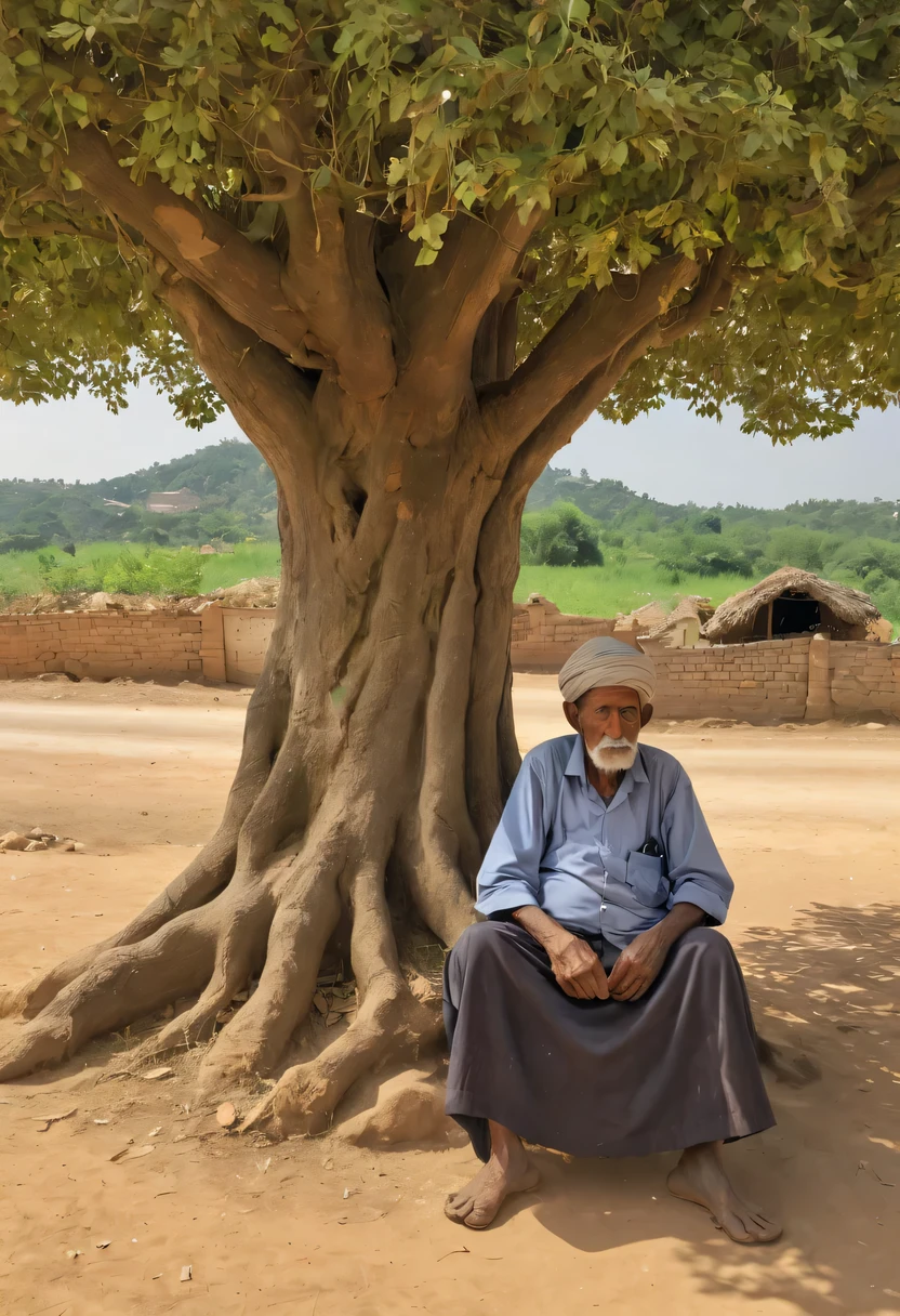 An old man sits under a tree at the entrance of the village