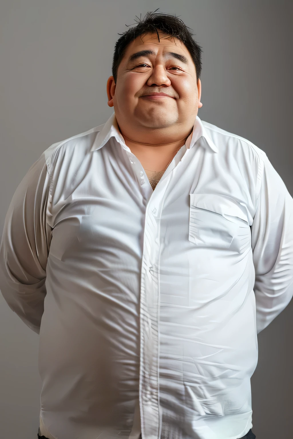 Medium bear,alone,looking at the audience,short hair,simple background,shirt,black hair,1 boy,White background,brown eyes,Keep your mouth shut,white shirt,Upper body,male focus,collared shirt,gray background,lips,muscular,beard,half closed eyes,thick eyebrows,actual,stubble,fat,fat man,