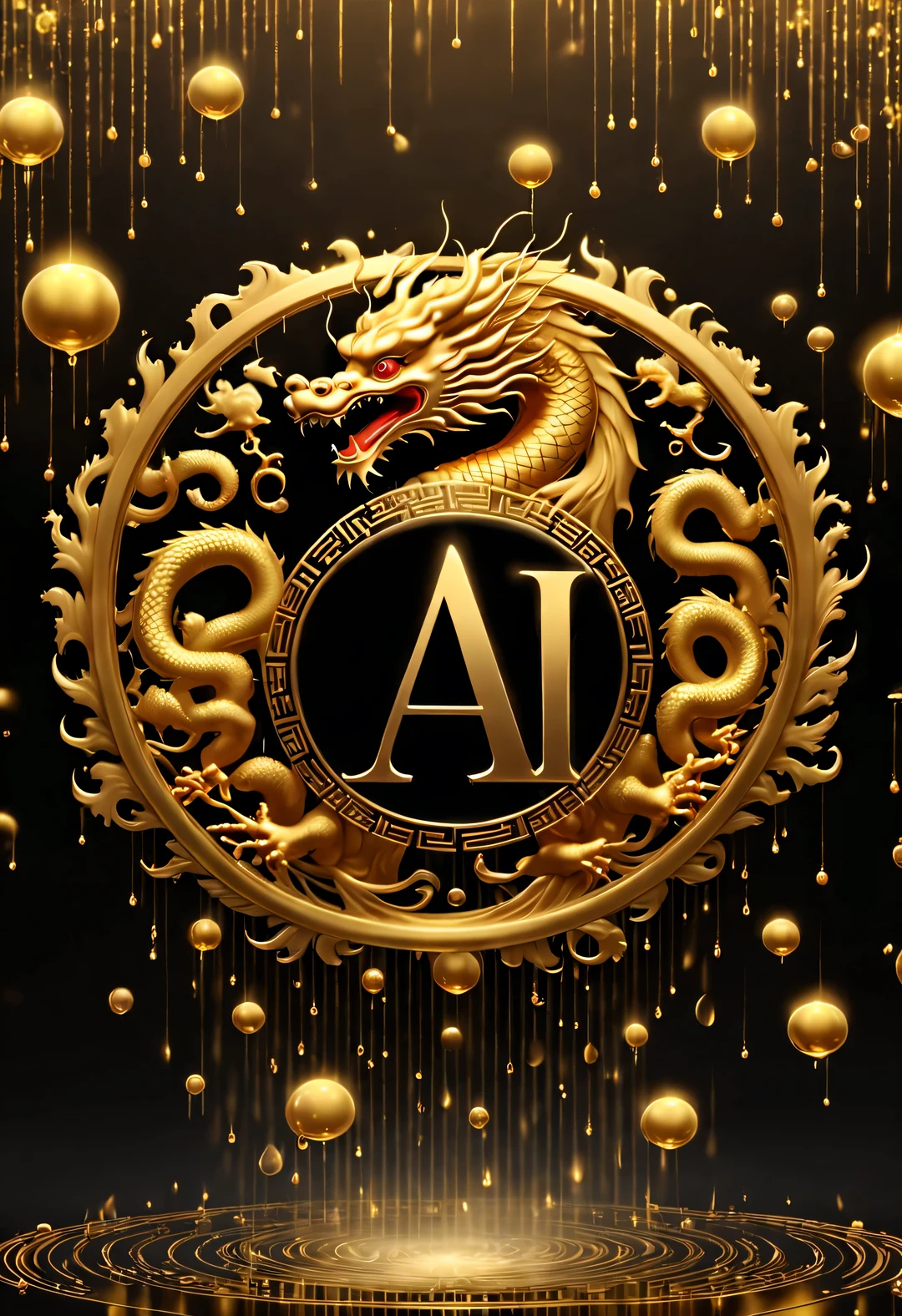 （Crazy rAIn in the sky with lots and lots of golden letters：1.37），Many vertical transparent banners with English letters &Quote;AI&Quote;），Golden transparent English letters &Quote;AI&Quote; ，Display English letters vertically &Quote;AI&Quote; ，There is a golden Chinese dragon inside a small circle in the center，Dynamic action style，Background Black