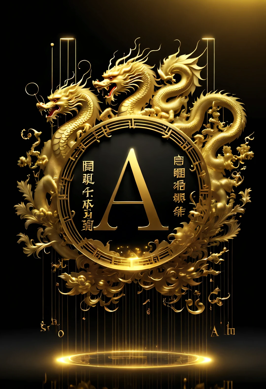 The sky is crazily filled with lots and lots of golden letters &Quote;SEAT&Quote;），Many vertical transparent banners with English letters &Quote;AI&Quote;），Golden transparent English letters &Quote;AI&Quote; ，Display English letters vertically &Quote;AI&Quote; ，There is a golden Chinese dragon inside a small circle in the center，Dynamic action style，Background Black