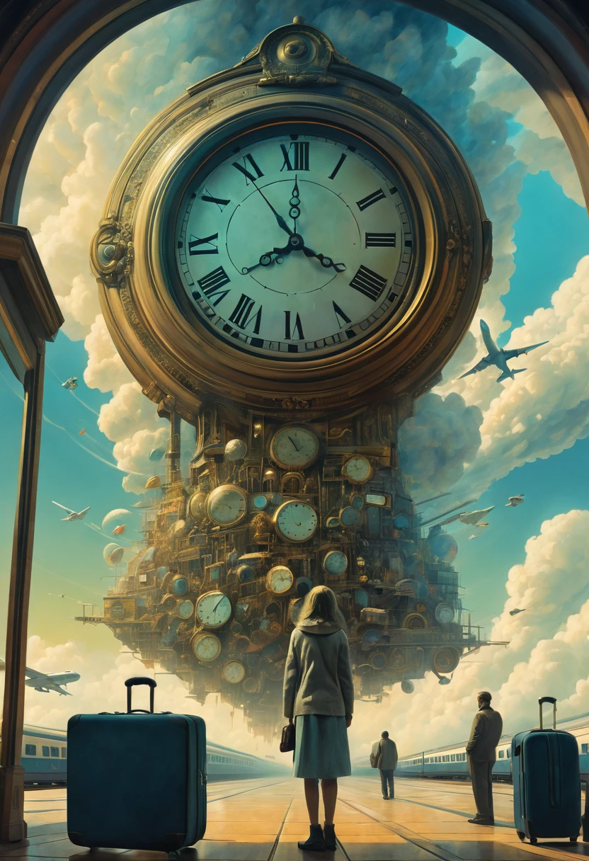 Surrealism and post-impressionism pastel drawing of a clock with a pendulum in double exposure, layering, a beautiful girl sitting on a suitcase , airport and train station boards, trains planes, travelers standing on clouds waiting for their flight, and families, gathered waiting at the edge of the universe, intertwined with high-contrast volumetric shadows, sharp focus, hyper-detailed like the works of Greg Rutkowski, Beeple, Beksinski and Giger, a layered composition that emphasizes waiting over time. 