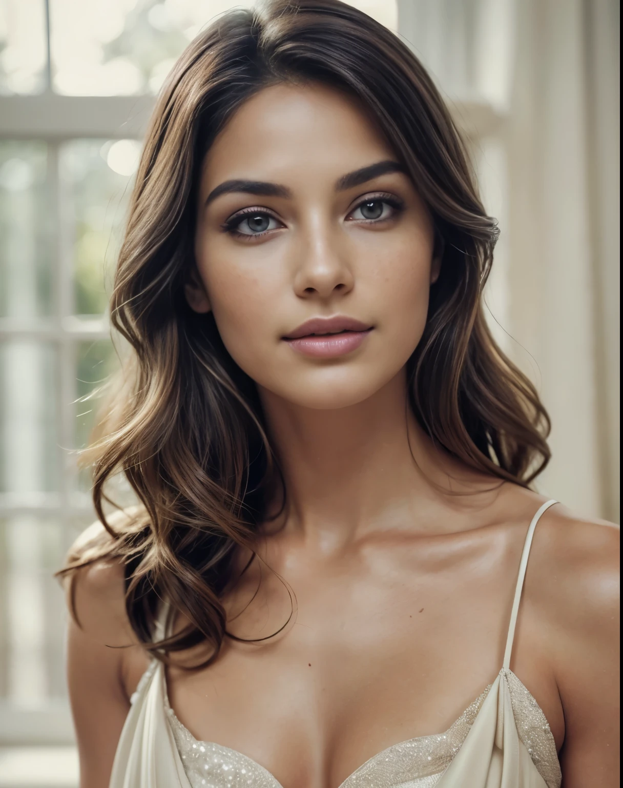 (best quality,4k,8k,highres,masterpiece:1.2),ultra-detailed,(realistic,photorealistic,photo-realistic:1.37),beautiful detailed eyes,beautiful detailed lips,extremely detailed face,soft skin,delicate facial features,slightly arched eyebrows,naturally glowing complexion,subtle blush on cheeks,defined jawline,enhanced cheekbones,thin,long eyelashes,dreamy gaze,mesmerizing smile,vibrant eyes,colorful irises,piercing stare,fine lines and wrinkles,tastefully aged,expressive face,strong and confident expression,elegant facial proportions,graceful and mature features,natural beauty,charming and sophisticated face,fine hair strands,captivating beauty,polished and sophisticated look,special attention to realistic skin texture,subtle highlights and shadows,subtle makeup emphasizing natural beauty,detailed facial contours,perfect symmetry,some freckles on cheeks,wisdom reflected in the eyes,confidence and poise,unique character and personality,age-appropriate beauty,mid-length wavy hair,soft and flowing hair,delicate wisps framing the face,graceful movement,neutral and warm color palette,soft lighting with a gentle glow,natural,flattering and soft lighting,subtle backlighting,romantic atmosphere,subtle color grading to enhance warmth and depth,aesthetic composition,evoking a sense of elegance and grace,harmonious and balanced composition,refined and sophisticated artwork,proud and mature beauty,gentle and serene demeanor,classic and timeless look.