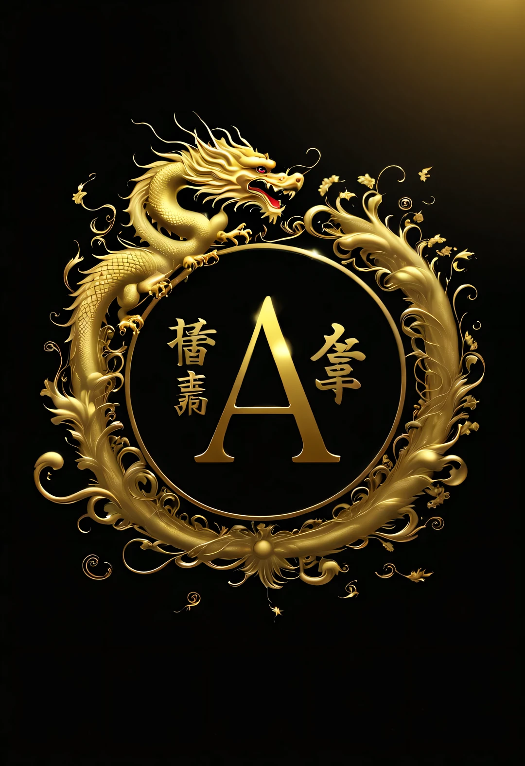 The sky is crazily filled with lots and lots of golden letters &Quote;SEAT&Quote;),Many vertical transparent banners with English letters &Quote;AI&Quote;),Golden transparent English letters &Quote;AI&Quote; ,Display English letters vertically &Quote;AI&Quote; ,There is a golden Chinese dragon inside a small circle in the center,Dynamic action style,Background Black