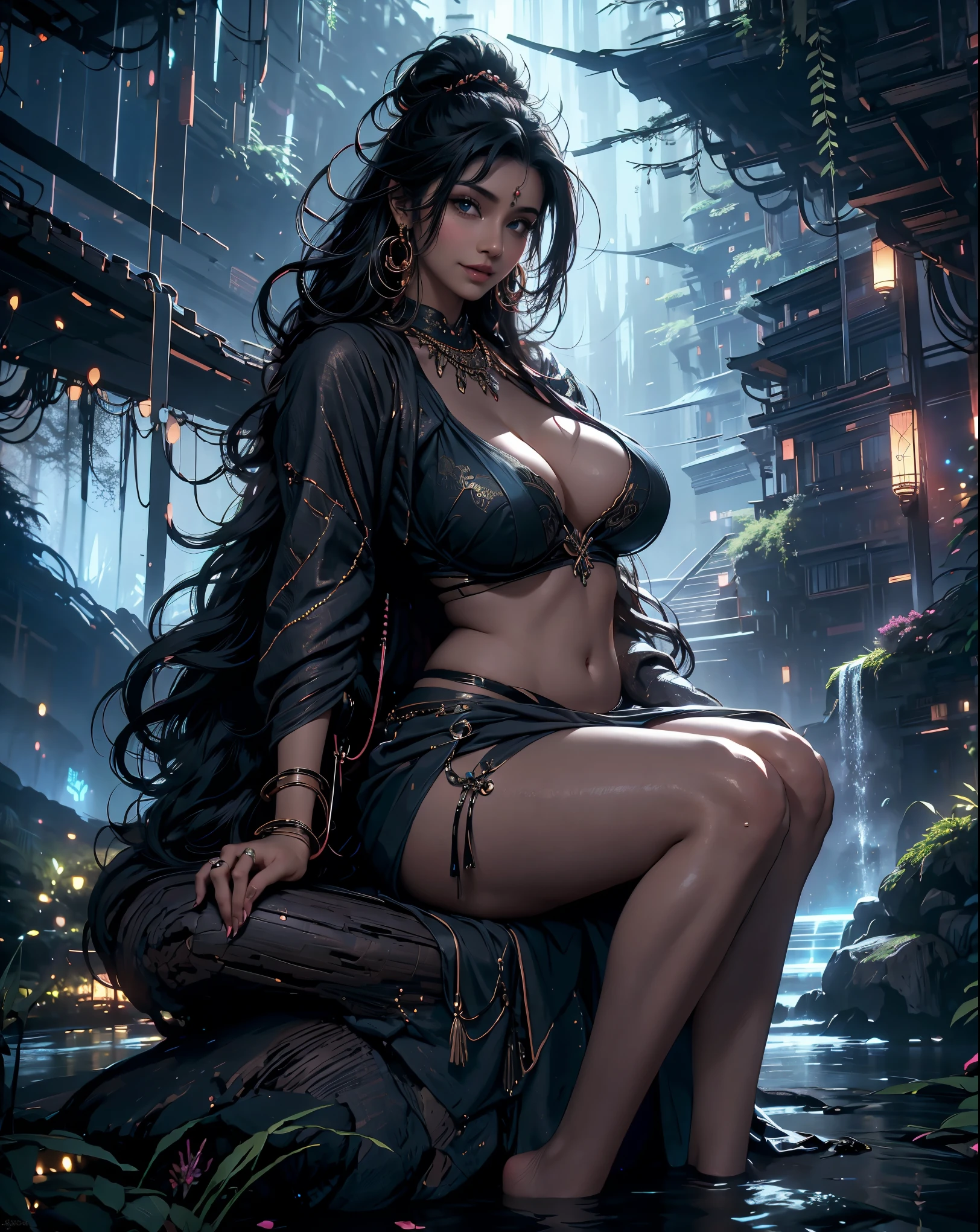 a woman in a saree posing for the camera, sitting pose, provocative indian, indian super model, indian goddess, really large bosum, indian girl with brown skin, very large bosum, of indian princess, desi, wearing sari, large bosum, hindu, attractive feminine curves, sexy girl with dark complexion, style of beautiful body, voluptuous and arousing, huge breasts, cleavage, sexy navel, smily face, smile on face, forest at night, closeup shot of woman, closeup shot, sexy pose, sexy avtar,avatar landscape, fantasy art landscape, dream scenery art, closeup shot of woman, magical forest backround, digital fantasy art, fantasy and dreams vibes, sweet night ambient, mystical fantasy landscape, night forest background, night forest,