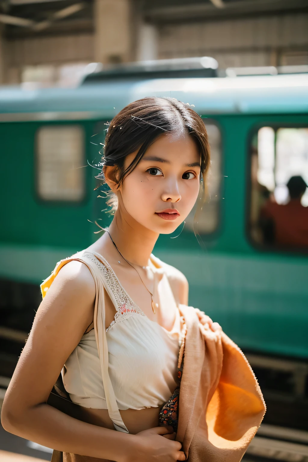 Cinematic Photo of a beautiful myanmar fashion model bokeh train