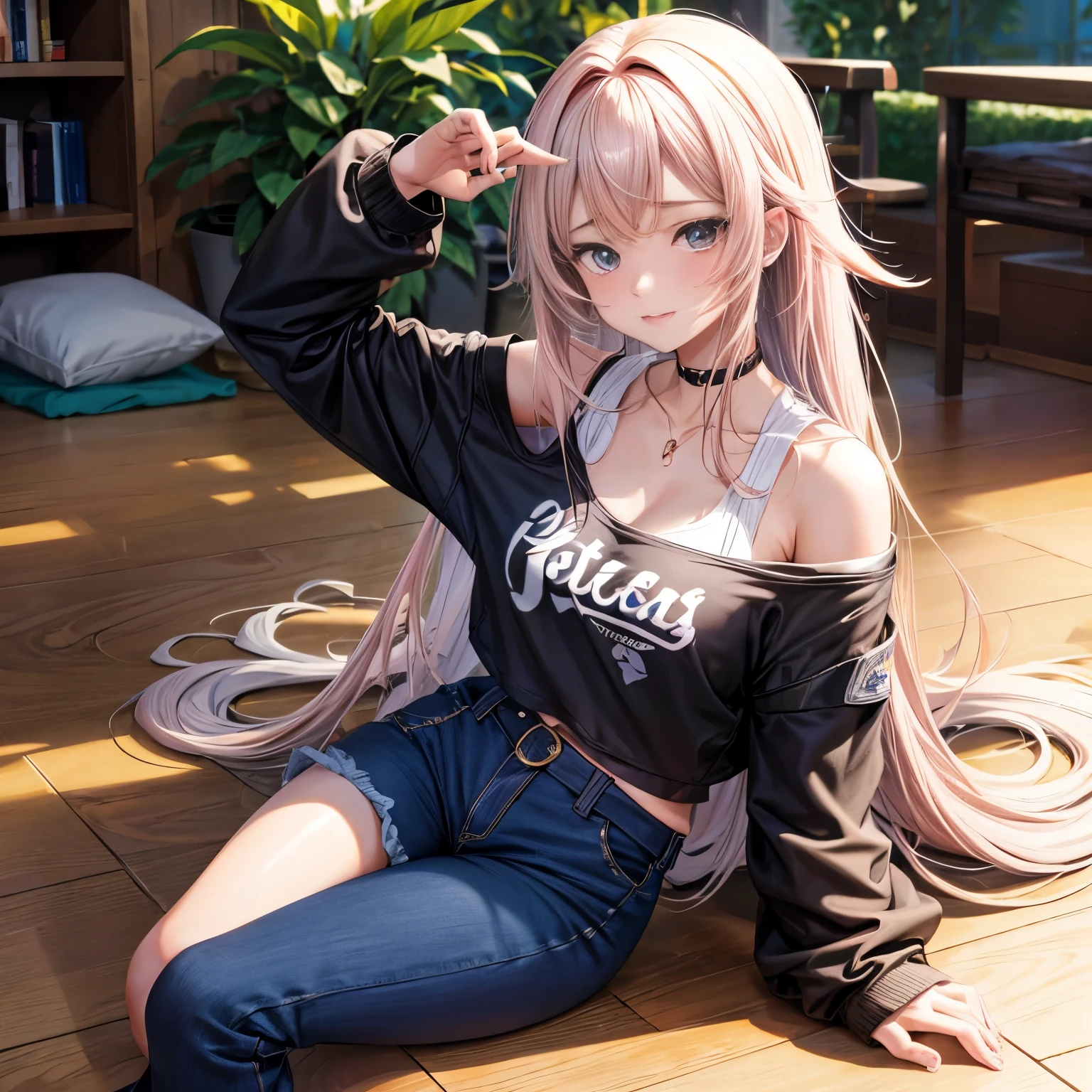 Anime style, jovem mulher de joelhos totalmente nua frontal, olhanolhando pra cima com a boca aberta e lingua pra fora, olhos prateados quase fechados e cabelos prateados, hands resting on the floor