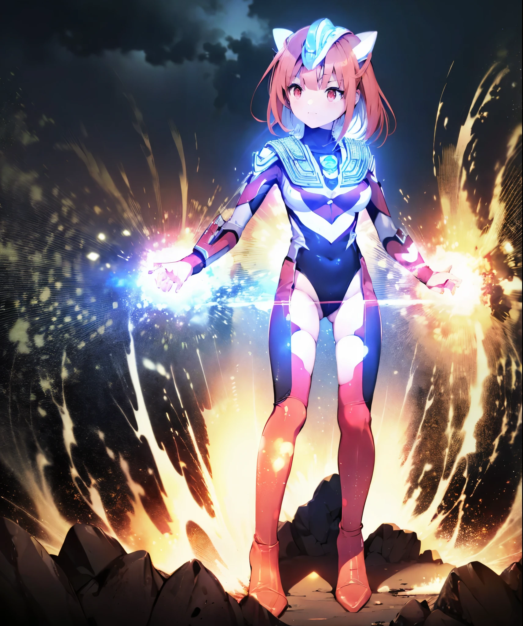 Highest image quality,8K beautiful detailed 1 young girl,(bright red hair:1.5),short bob,red eyes, (Ultra Girl:2.0), (silver and red ultraman bodysuit:1.5),big breasts,(fold your arms:1.3)