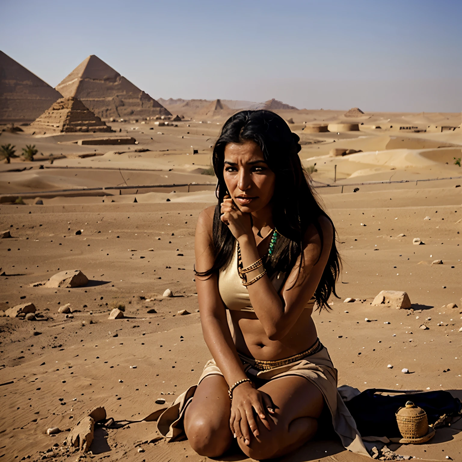 cleopatra sit by pyramid with shrunken people, turned into a giant taller than pyramids, belly,  (Point of View) (Breast) 