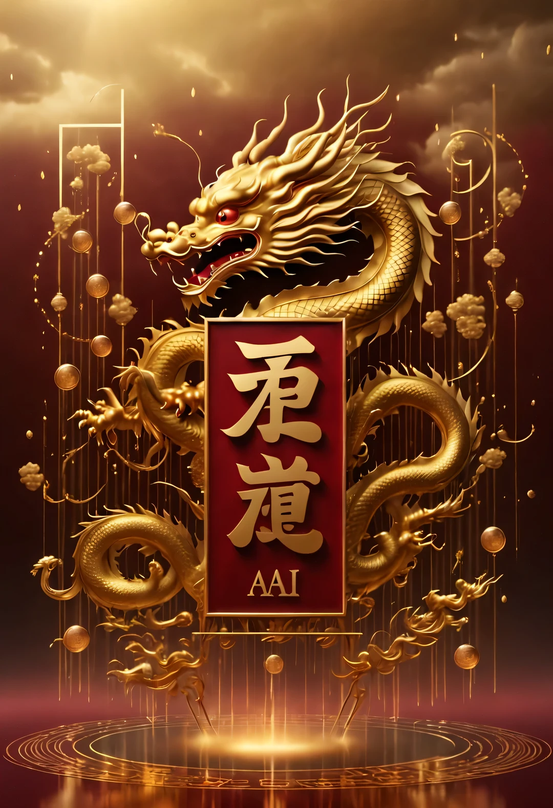 （Crazy rAIn in the sky with lots and lots of golden letters：1.37），Many vertical transparent banners with English letters &Quote;AI&Quote;），Golden transparent English letters &Quote;AI&Quote; ，Display English letters vertically &Quote;AI&Quote; ，There is a golden Chinese dragon inside a small circle in the center，Dynamic action style，Burgundian background