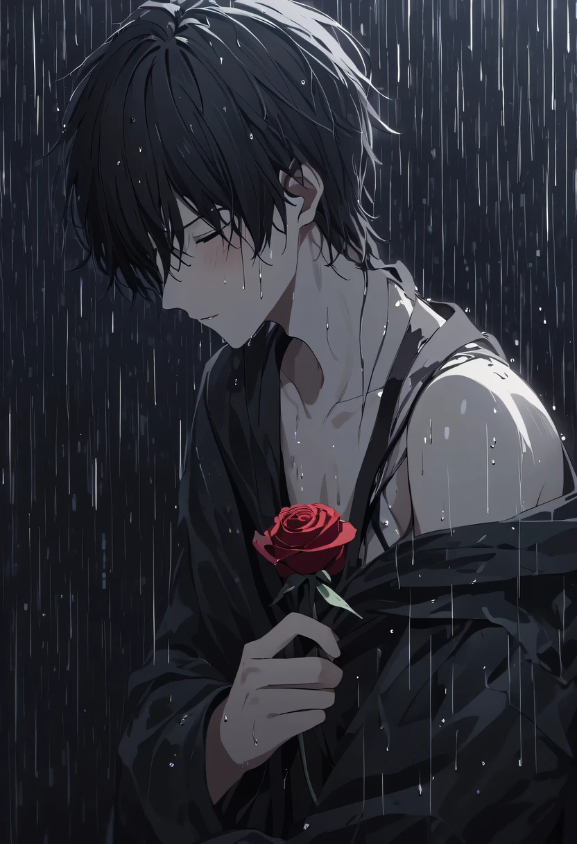 at a busy station，cold rain，Standing alone in the rain，The tightly held roses are scattered on the ground。His eyes were a little confused，The expression is sad，Gloomy eyes， Heqiang，Wilted roses，Wilted flowers，The rain washed his cheeks。He insisted on waiting，Believe that the one you love will come back。