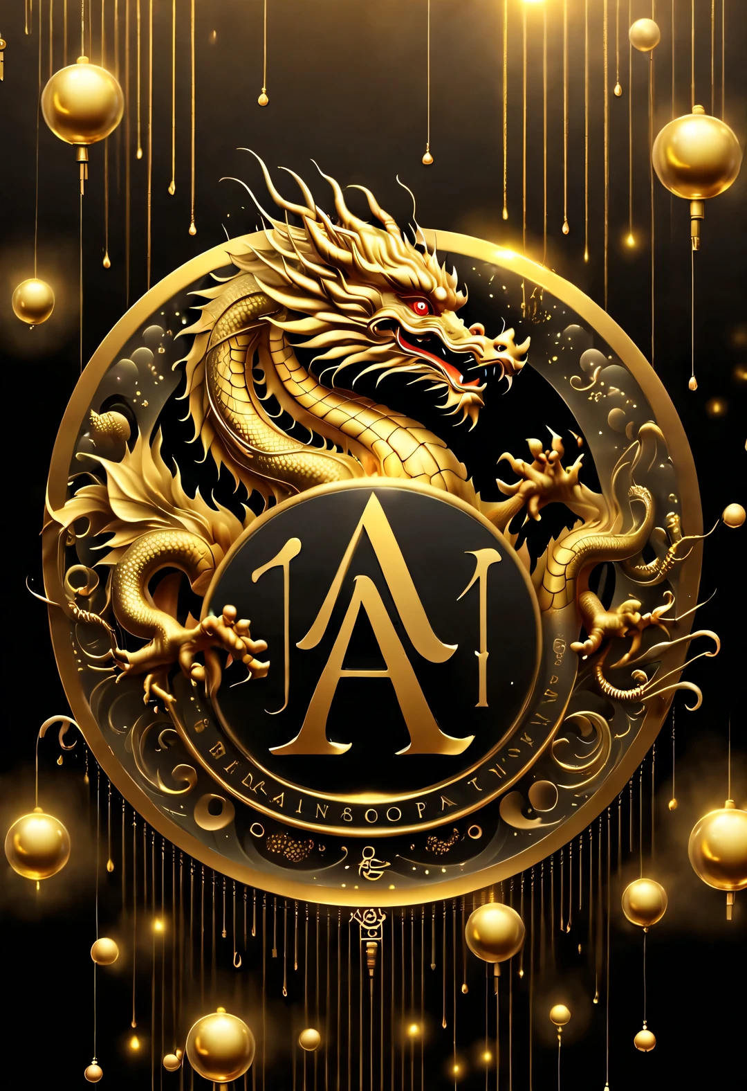 (Crazy rAIn in the sky with lots and lots of golden letters:1.37),Many vertical transparent banners with English letters &Quote;AI&Quote;),Golden transparent English letters &Quote;AI&Quote; ,Display English letters vertically &Quote;AI&Quote; ,There is a golden Chinese dragon inside a small circle in the center,Dynamic action style,Background Black