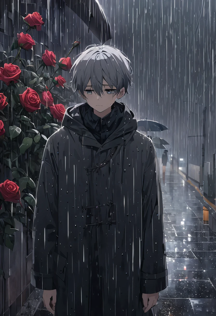 at a busy station，cold rain，Standing alone in the rain，The tightly held roses are scattered on the ground。His eyes were a little confused，The expression is sad，Gloomy eyes， Heqiang，Wilted roses，Wilted flowers，The rain washed his cheeks。He insisted on waiting，Believe that the one you love will come back。