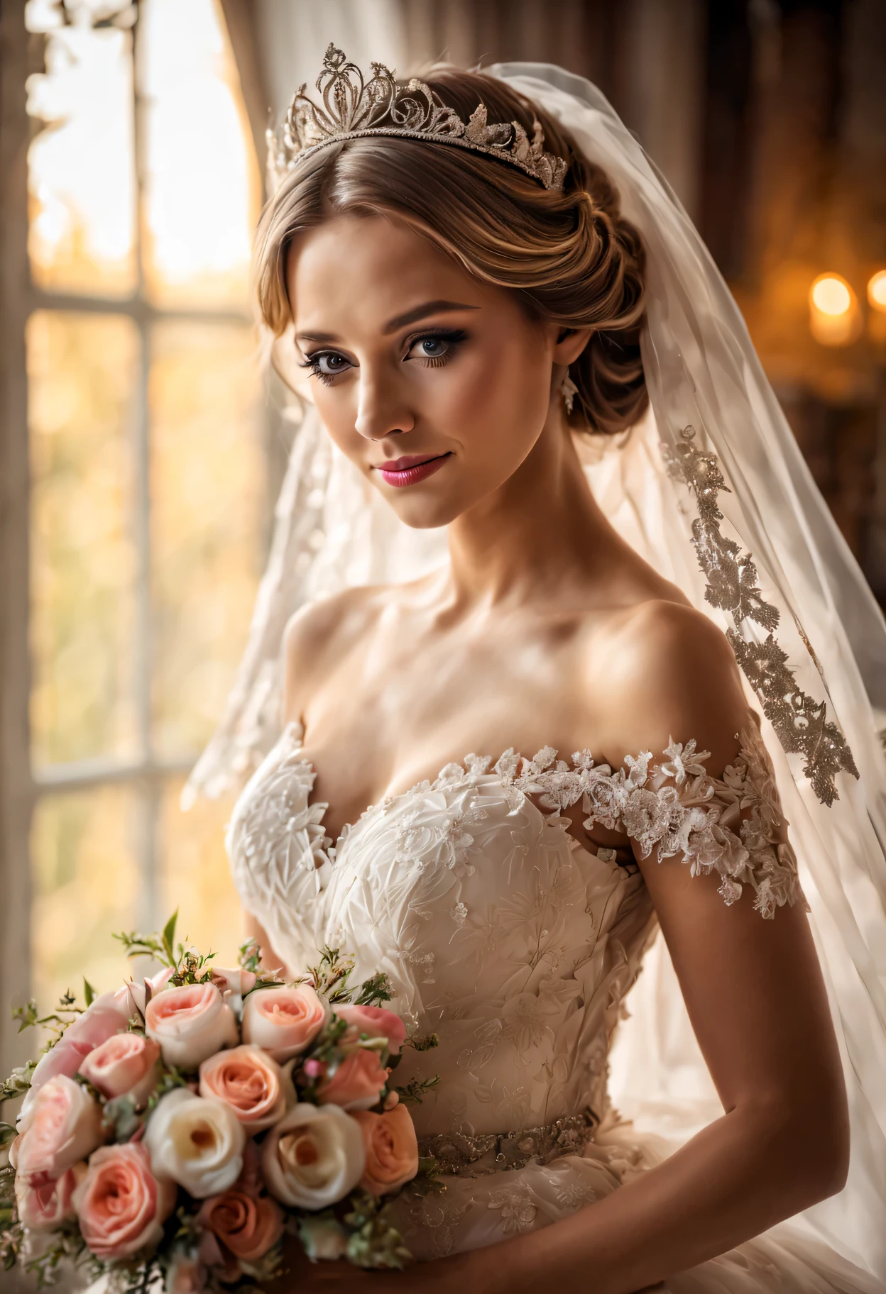 Wedding dress,bride,Waiting for love,Beautiful and delicate eyes,Beautiful and delicate lips,Extremely detailed eyes and face,long eyelashes,fairytale atmosphere,soft light,romantic mood,Stunning background,flowers,dream colors,Emotional expression,romantic pose,blurred background,sparkling veil,Delicate lace,Sparkling tiara,Elegant hairstyle,vintage decor,Vintage furniture,ethereal atmosphere,breeze,whispering tree,cute smile,anticipatory,Heartfelt emotions,gentle and loving,graceful movements,Soft and gentle touch,Warm and tender moments,romantic atmosphere,lifelike masterpiece,Highest quality 4k resolution,studio lighting,bright colors