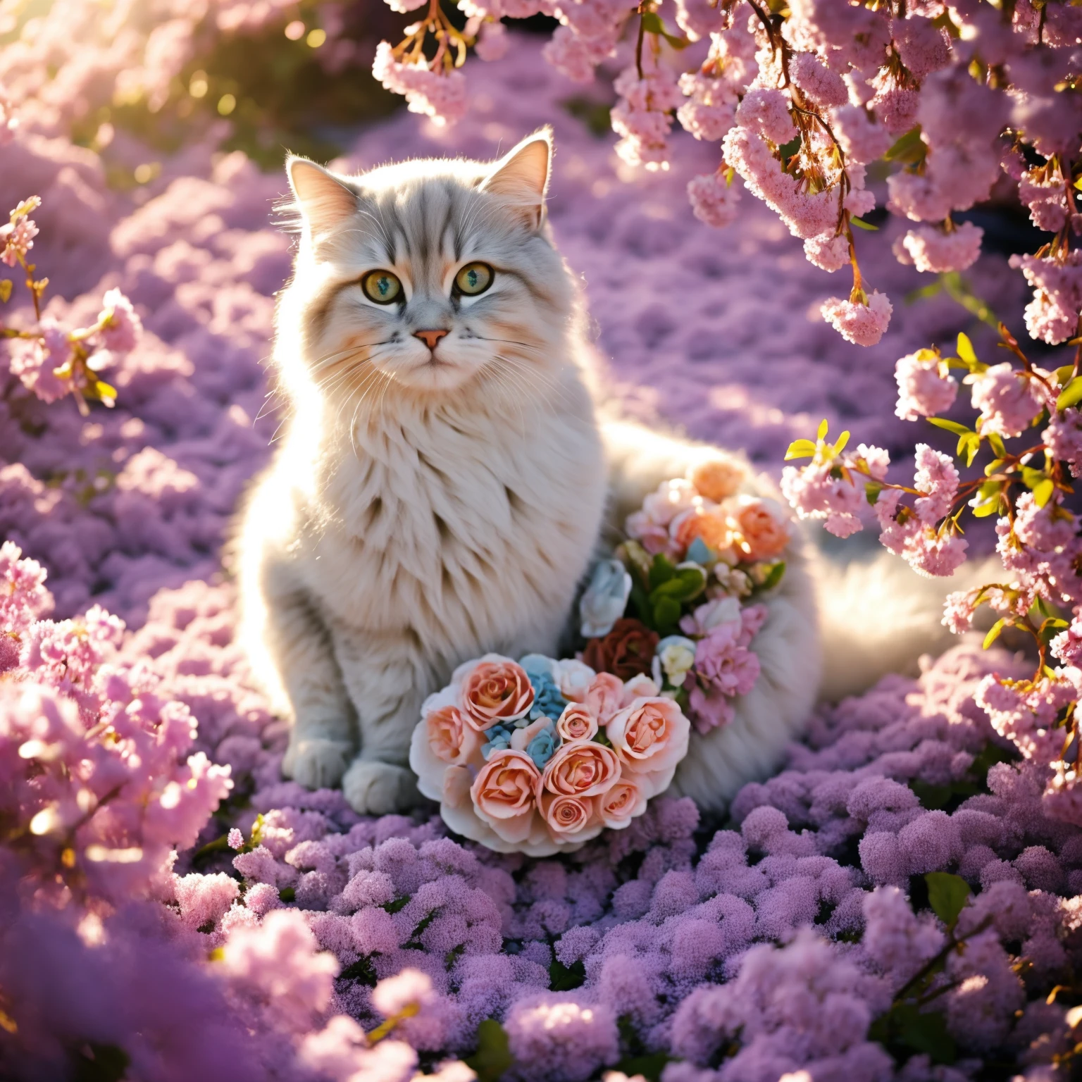(best quality,4k,8k,highres,masterpiece:1.2),ultra-detailed,realistic,photorealistic:1.37,cute,adorable,kitty,fluffy fur playfully textured,sparkling beautiful eyes,curious expression,perky ears,endearing,paws gently touching the ground,mischievous playful spirit,soft delicate whiskers,gentle and innocent,nose twitching inquisitively,sitting in a cozy environment,filled with warm sunlight,soft pastel colors,subtle shades of pink and purple,creating a vibrant and inviting atmosphere,studio lighting emphasizing the texture and depth of the fur,background of blooming flowers and greenery,innocence and playfulness captured in a single moment,bringing joy and happiness to the viewer.